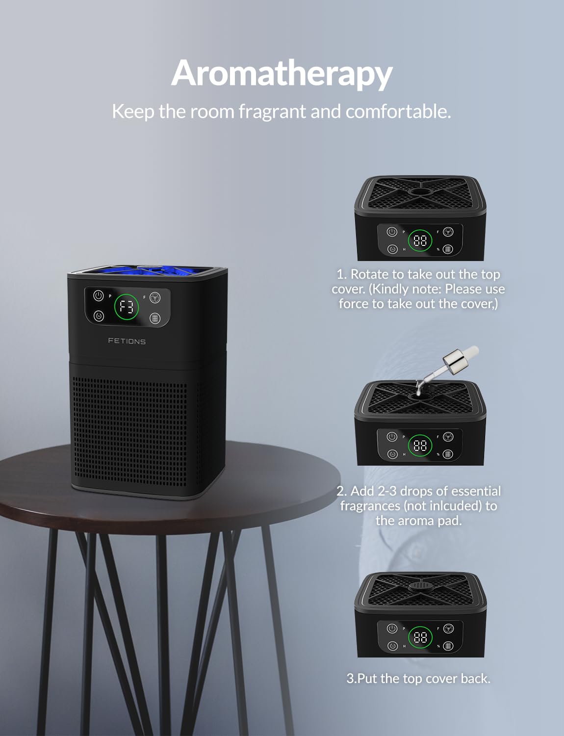 Air Purifier For Home Bedroom, Fetions Air Cleaner With Ambient Light Fragrance Sleep Mode 3 In 1 Filtration System For Office D