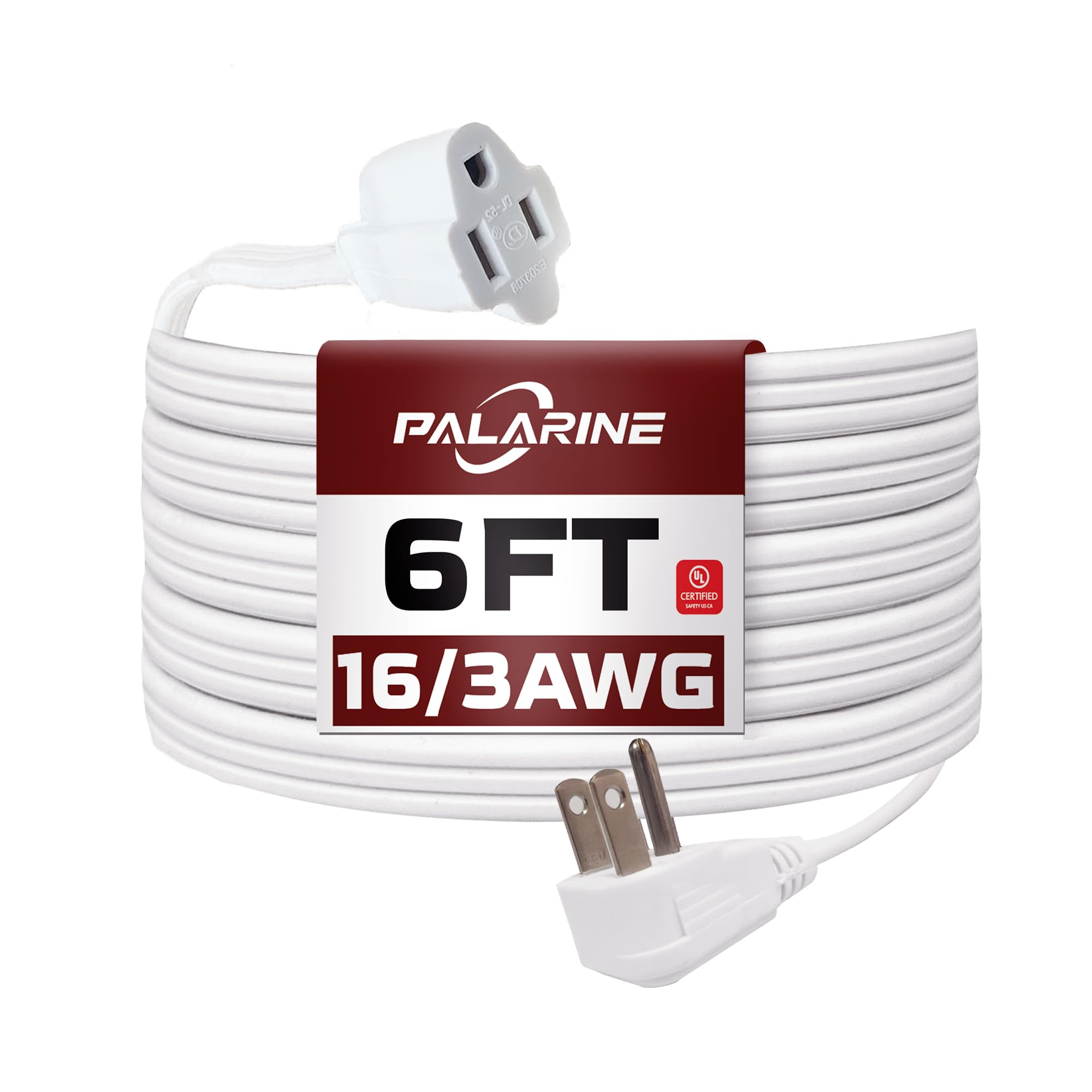Palarine White Flat Plug Extension Cord 6 Ft, Indoor Extension Cord, 16/3 Spt 3 13A 3 Prong Power Cord For Kitchens, Behind Furn