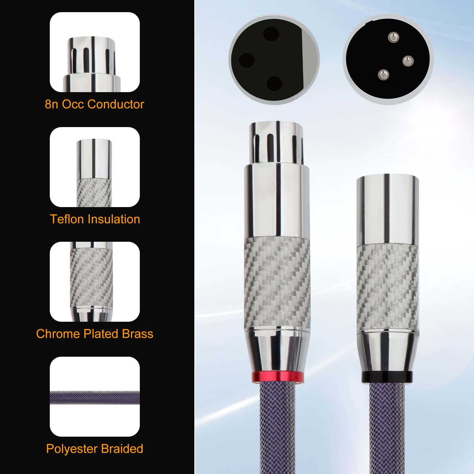 1 Pair Audiophile Xlr Hifi Microphone Cable Fully Balanced 3 Pin Patch Cable Carbon Fiber Rhodium Plated 18 Awg 8N Occ Pure Copp