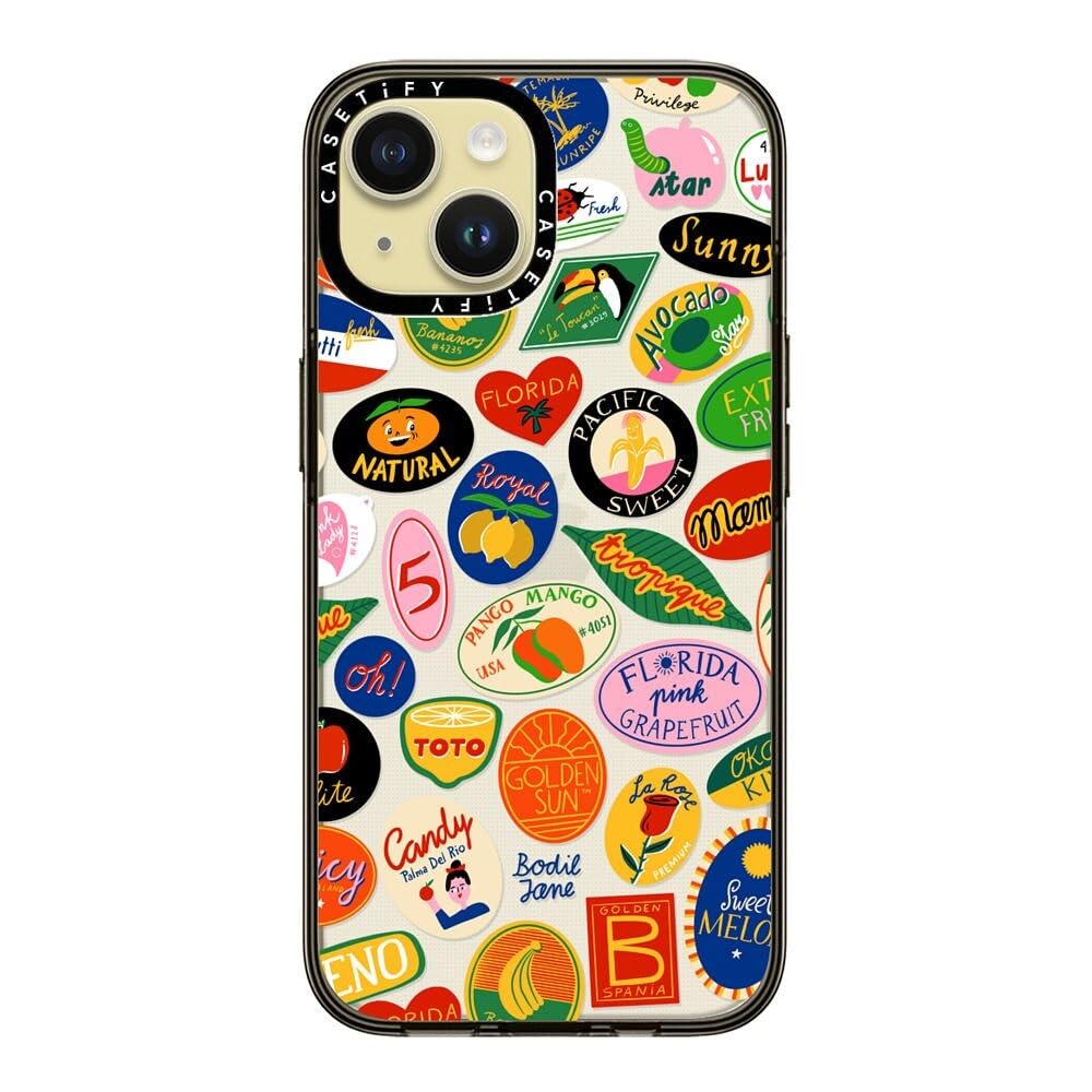 Casetify Compact Case For Iphone 15 [2X Military Grade Drop Tested / 4Ft Drop Protection]   Fruit Stickers   Clear Black