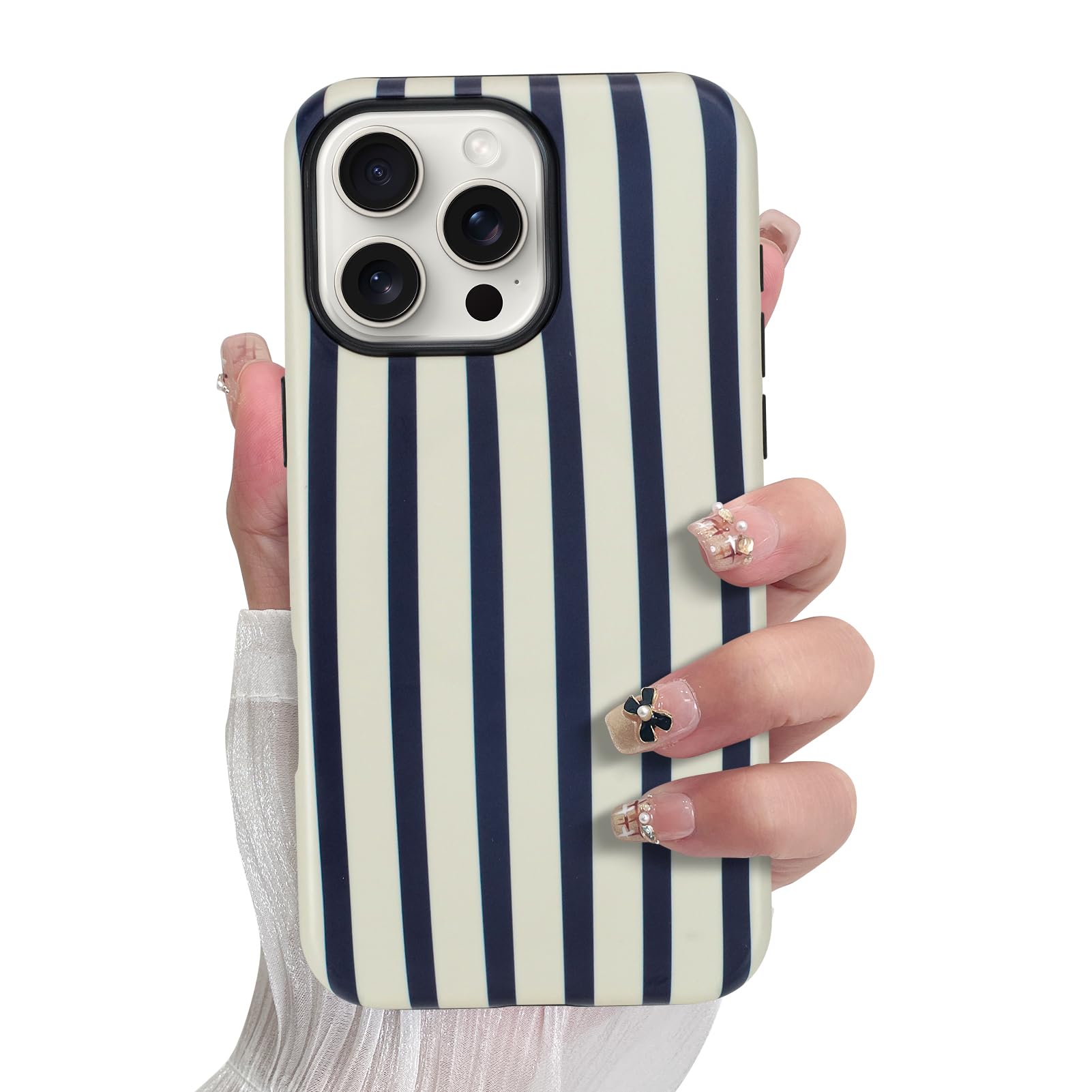 SOKAD Magnetic Vertical Stripes Phone Case for iPhone 16 Pro Max, Cute Navy Blue Striped Line Pattern Compatible with Magsafe Ma
