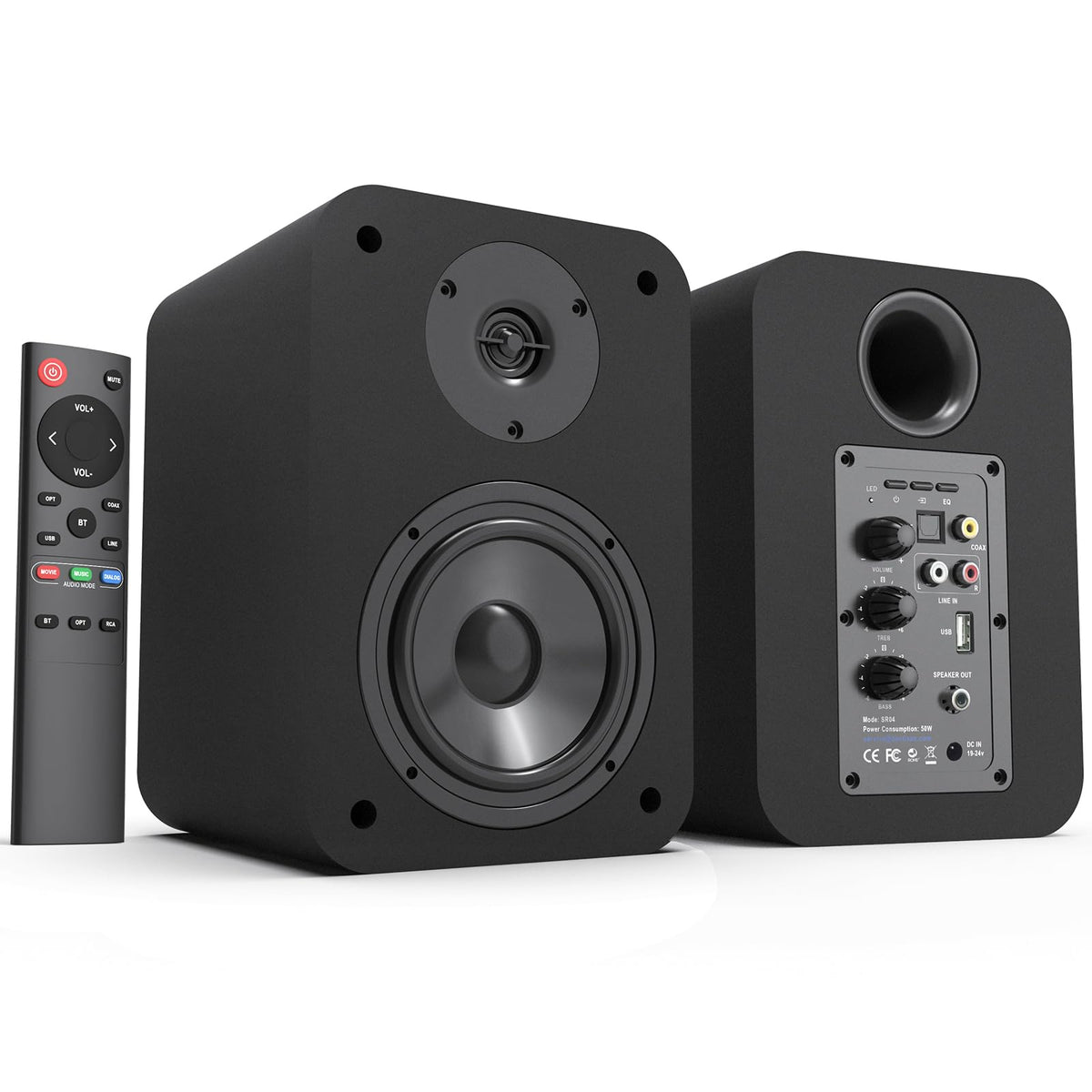BESTISAN SR04 Bookshelf Speakers, 50W RMS, Bluetooth 5.0, RCA, Coaxial, Optical, USB Inputs, Black