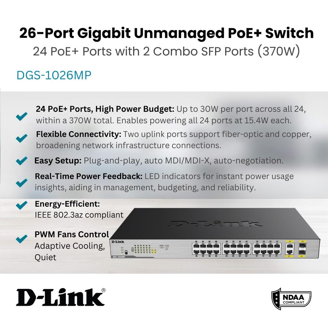 D-Link Ethernet Switch, 26 Port Poe Gigabit Unmanaged Rack-Mount Networking 24 X Poe (370 Watt), 2 X Gigabit Combo Ports (Dgs-10