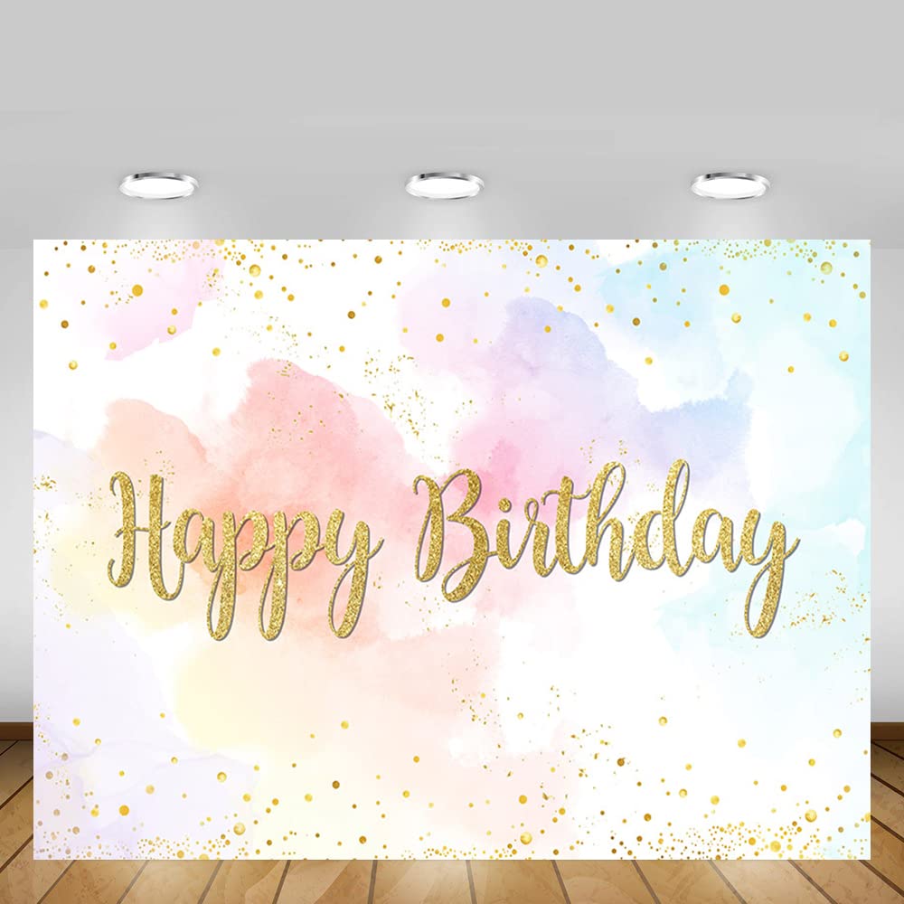 Mehofond 7X5Ft Pastel Rainbow Happy Birthday Backdrop For Girls Princess Watercolor Background Colorful Cloud Gold Glitter Dots