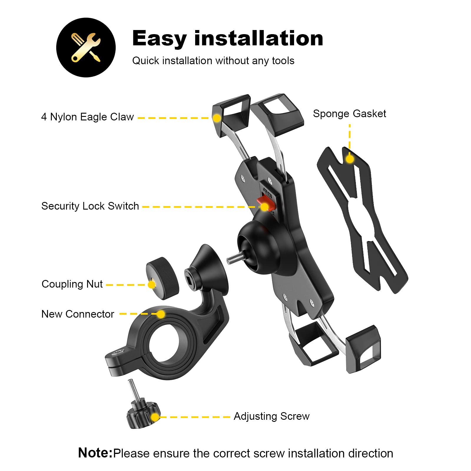 visnfa Bike Phone Mount, Stainless Steel Clamp, Anti-Shake, 360° Rotation, Fits 4-7" Devices, Black, Model PB04-AC180828