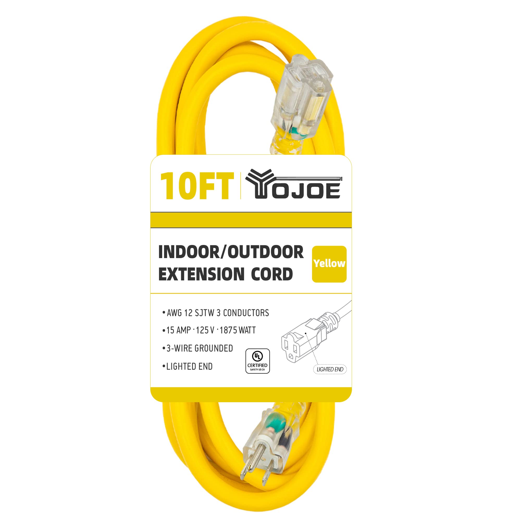 Yojoe Indoor Outdoor Extension Cord With Lighted End, 3 Prong 15A Weatherproof Power Extension Cord, 12 Gauge Heavy Duty 10 Ft Y