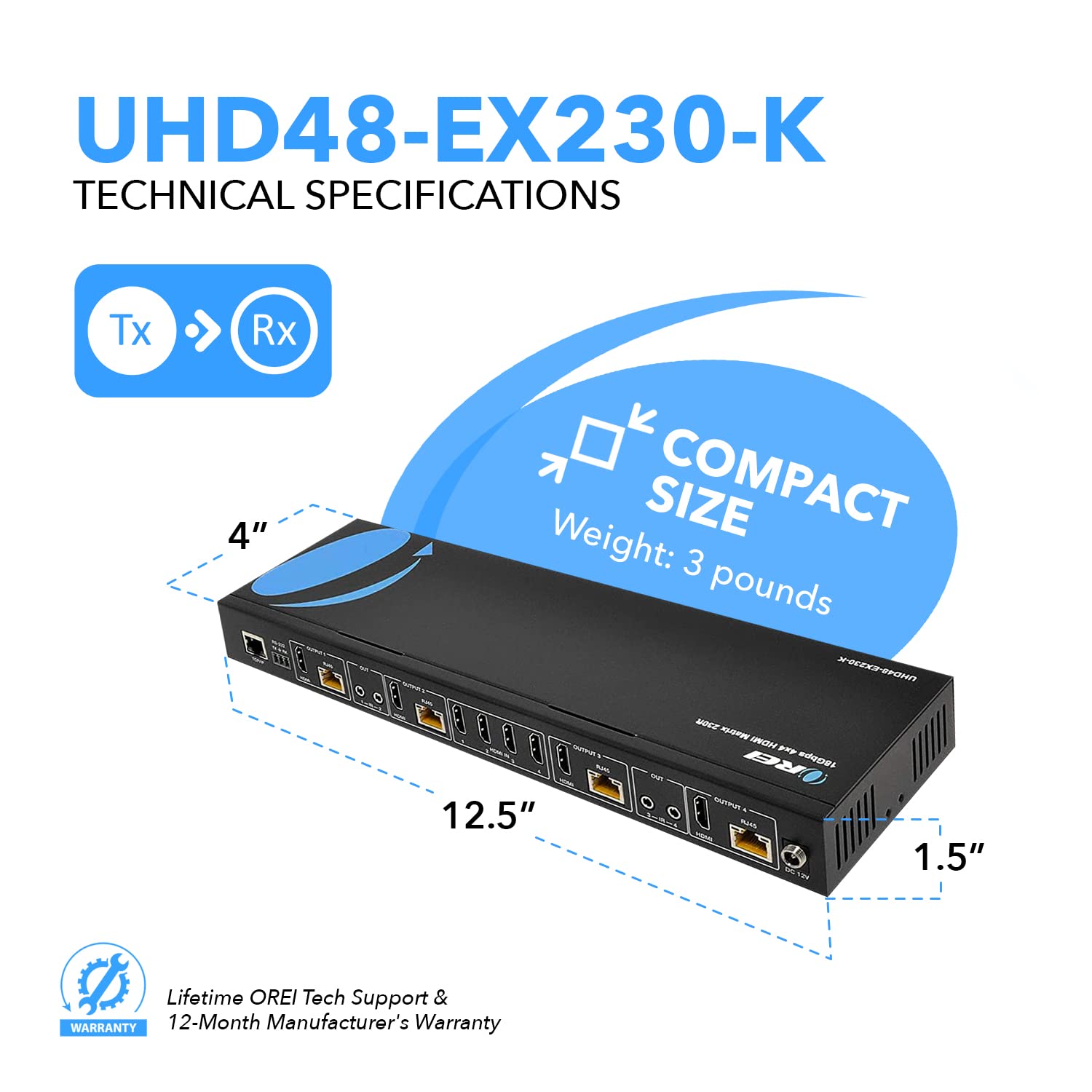 Orei 4K 4X4 Hdmi Extender Matrix   Ultrahd 4K @ 60Hz 4:4:4 Over Single Cat5E/6/7 Cable With Hdr Switcher & Ir Control, Rs 232