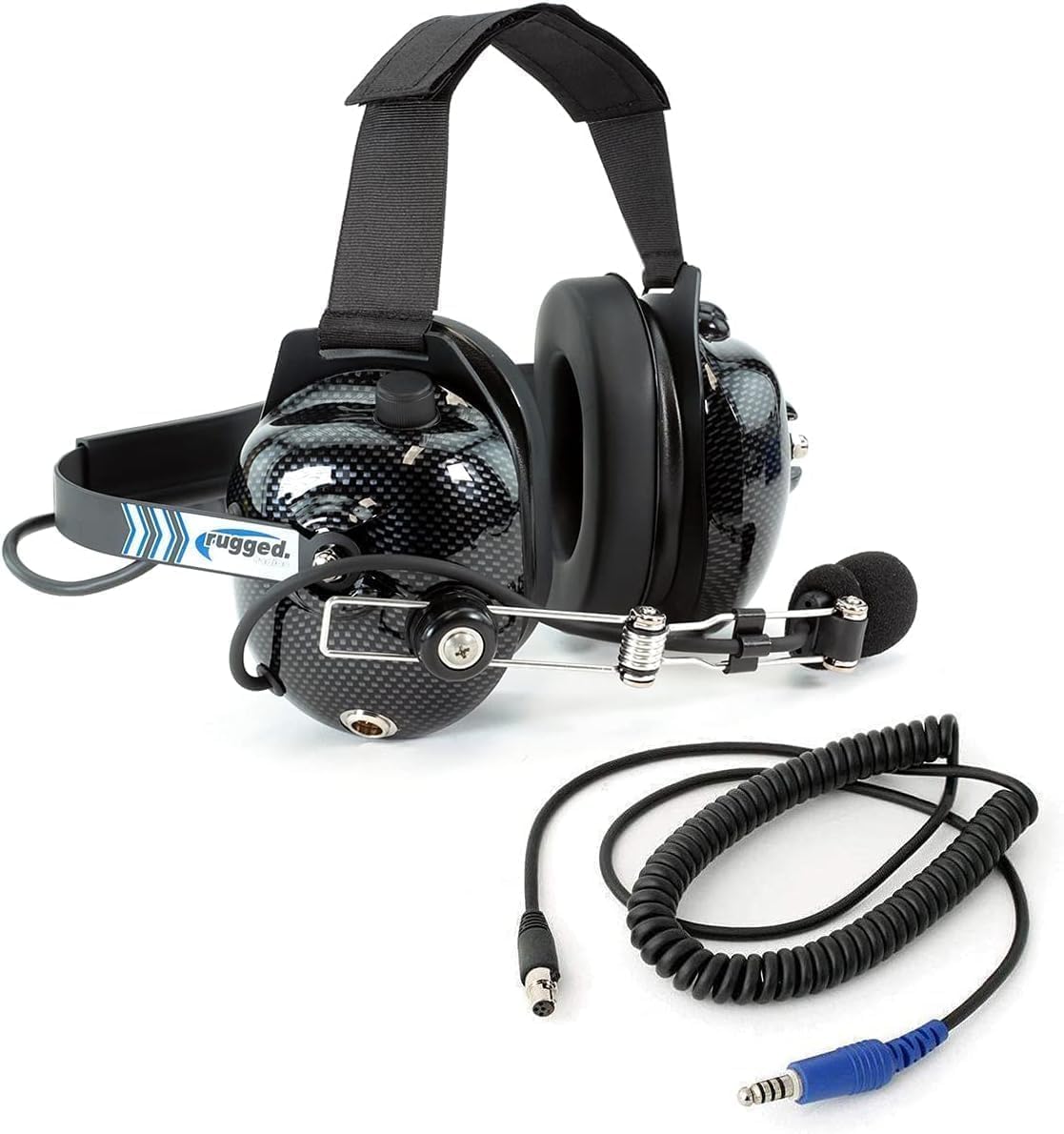 Rugged Carbon Fiber Behind The Head Headset and Adaptor Cable for Intercoms - Features 5-Pin to Off Road Coil Cord and Volume Co