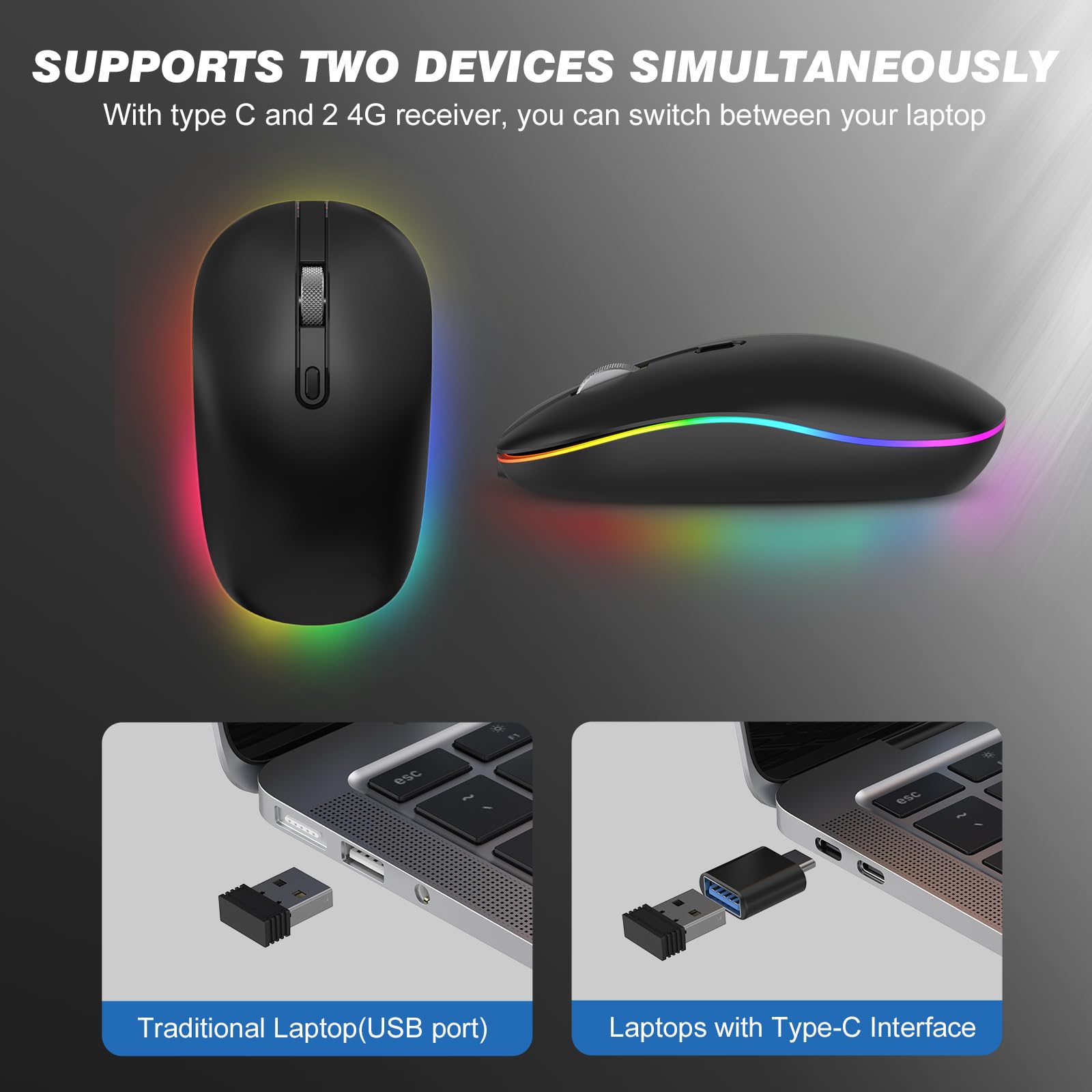 Racegt Led Wireless Mouse With Type C Charging Port, 2.4G Rechargeable Slim Silent Mouse With Usb & Type C Receiver, 3 Adjustabl