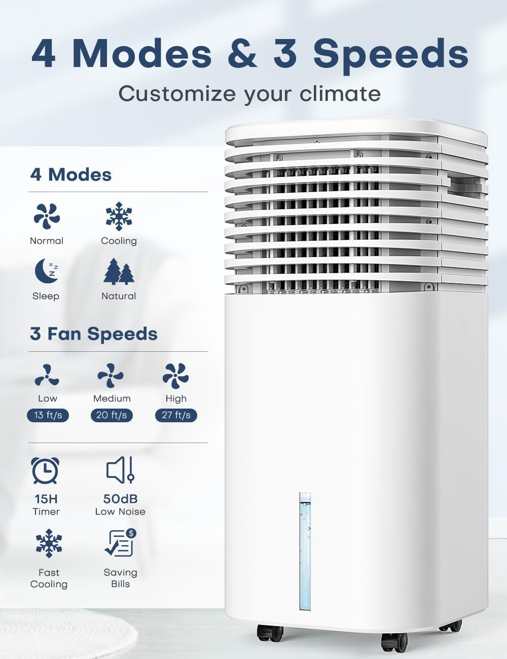 Censtech 4 In 1 Portable Air Conditioners, Evaporative Air Cooler W/4 Modes & 3 Speeds, 15H Timer For Smart Auto Off, 2 Gal Tank
