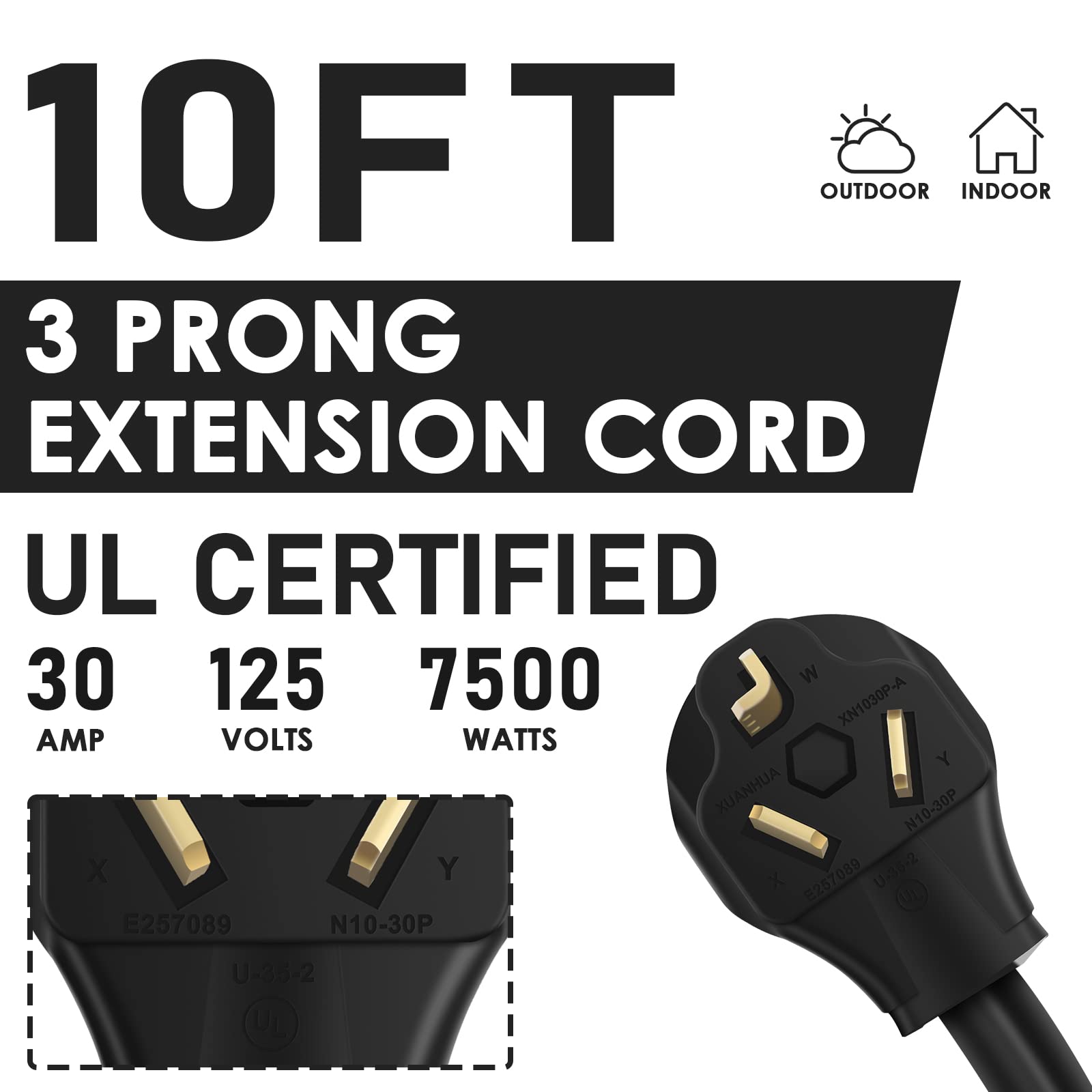 10Ft 3 Prong Dryer Extension Cord, 30 Amp Nema 10 30P To 10 30R Ev Extension Cord For Dryer Power Extension And Level 2 Ev Charg