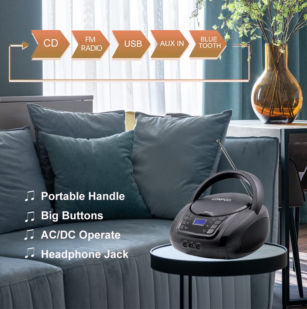 Lonpoo Cd Player Portable Boombox With Fm Radio/Usb/Bluetooth/Aux Input And Earphone Jack Output, Stereo Sound Speaker & Audio P