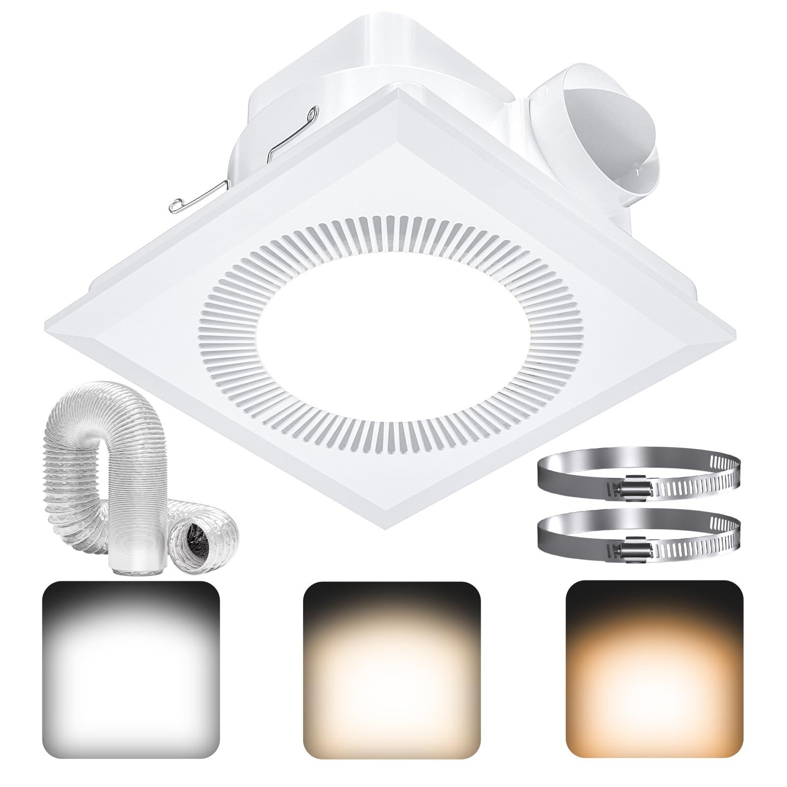 Hon&Guan Bathroom Exhaust Fan With Light, Upgraded Quiet Square Bathroom Vent Fan With Adjustable Led Light 3000K/4500K/6500K, 1