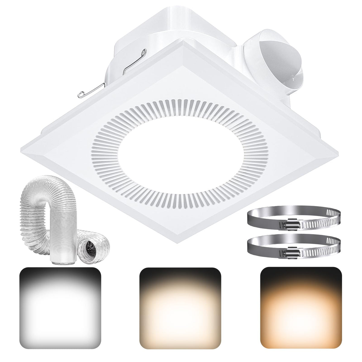Hon&Guan Bathroom Exhaust Fan With Light, Upgraded Quiet Square Bathroom Vent Fan With Adjustable Led Light 3000K/4500K/6500K, 1