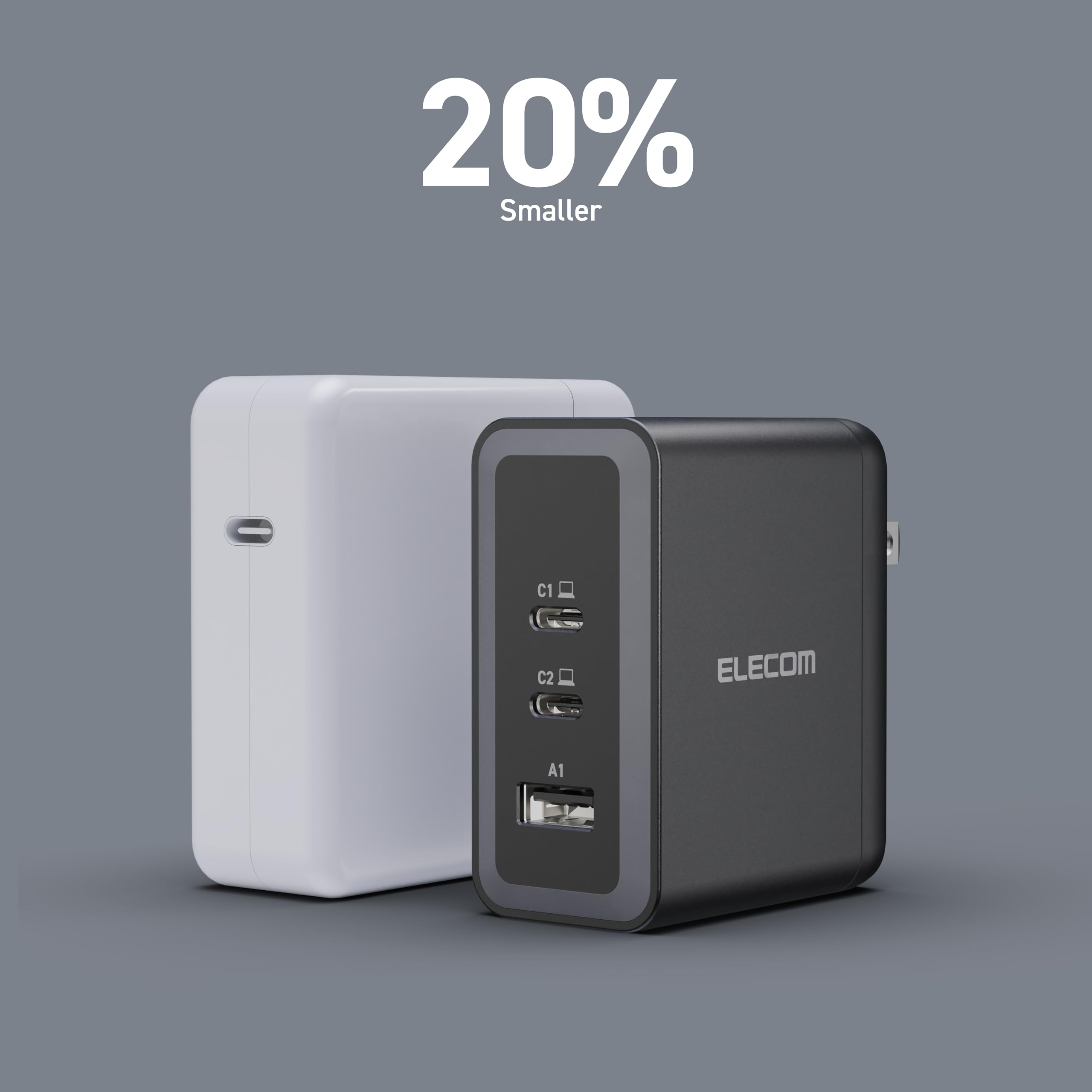 Elecom 100W Usb C Wall Charger Block, 3 Multi Port Gan Ii Smart Pd, Ultra-Fast Charging, Compact Power Adapter For Multiple Devi