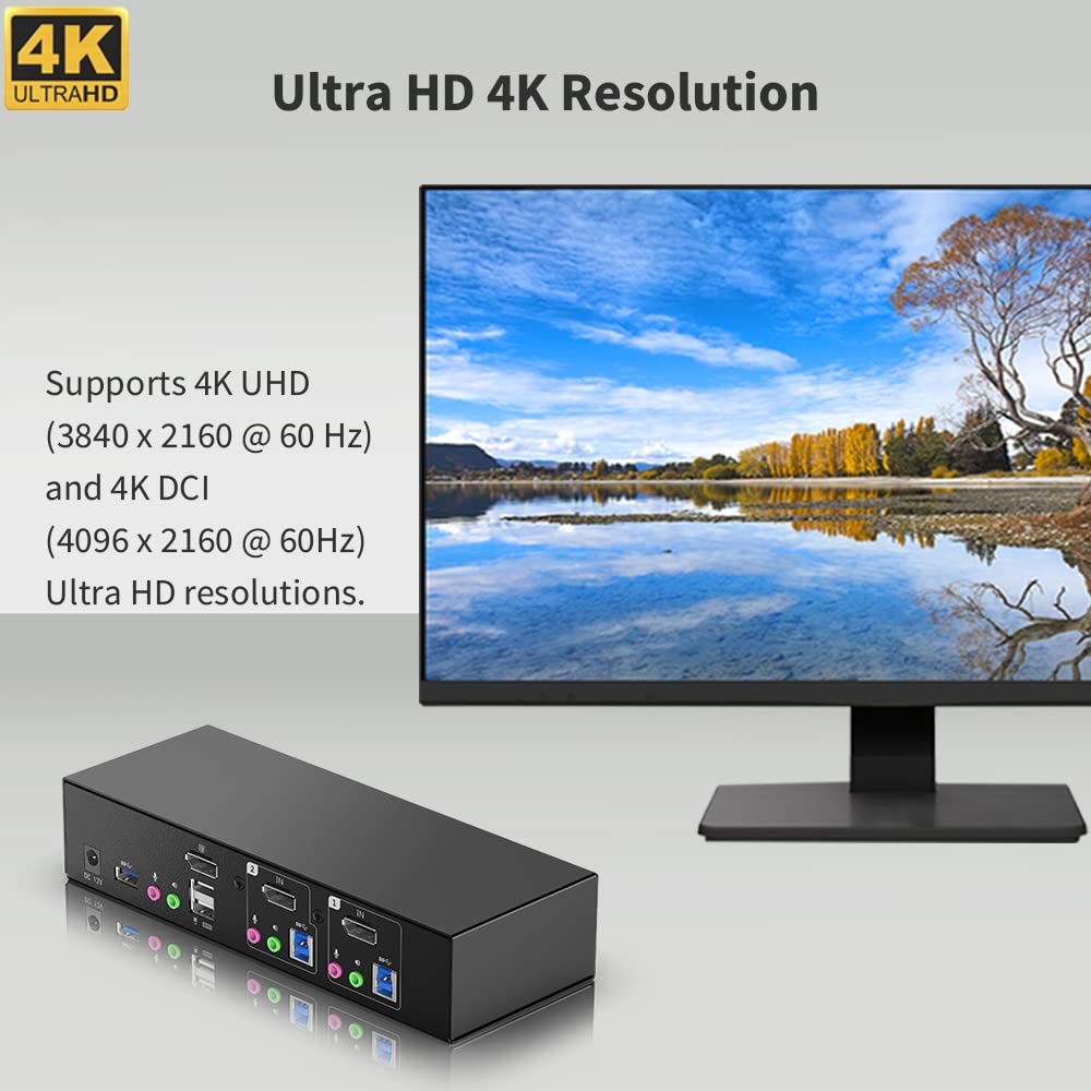 2 Port Usb Displayport Cable Kvm Switch   4K 60Hz  Remote Switch Button, Plug N Play, Usb 3.0 Hub, Audio,Support Wired Remote/Ho