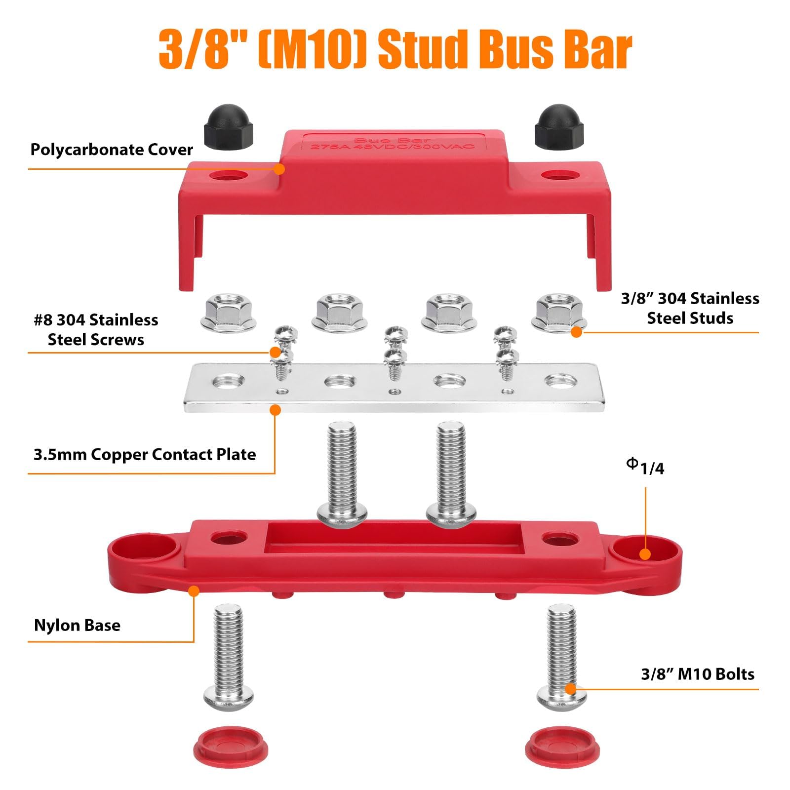 Linkstyle Power Distribution Block, 275A 12V 48V Marine Bus Bar, Battery Busbar Terminal Block, For Automotive Car Rv Boat Solar