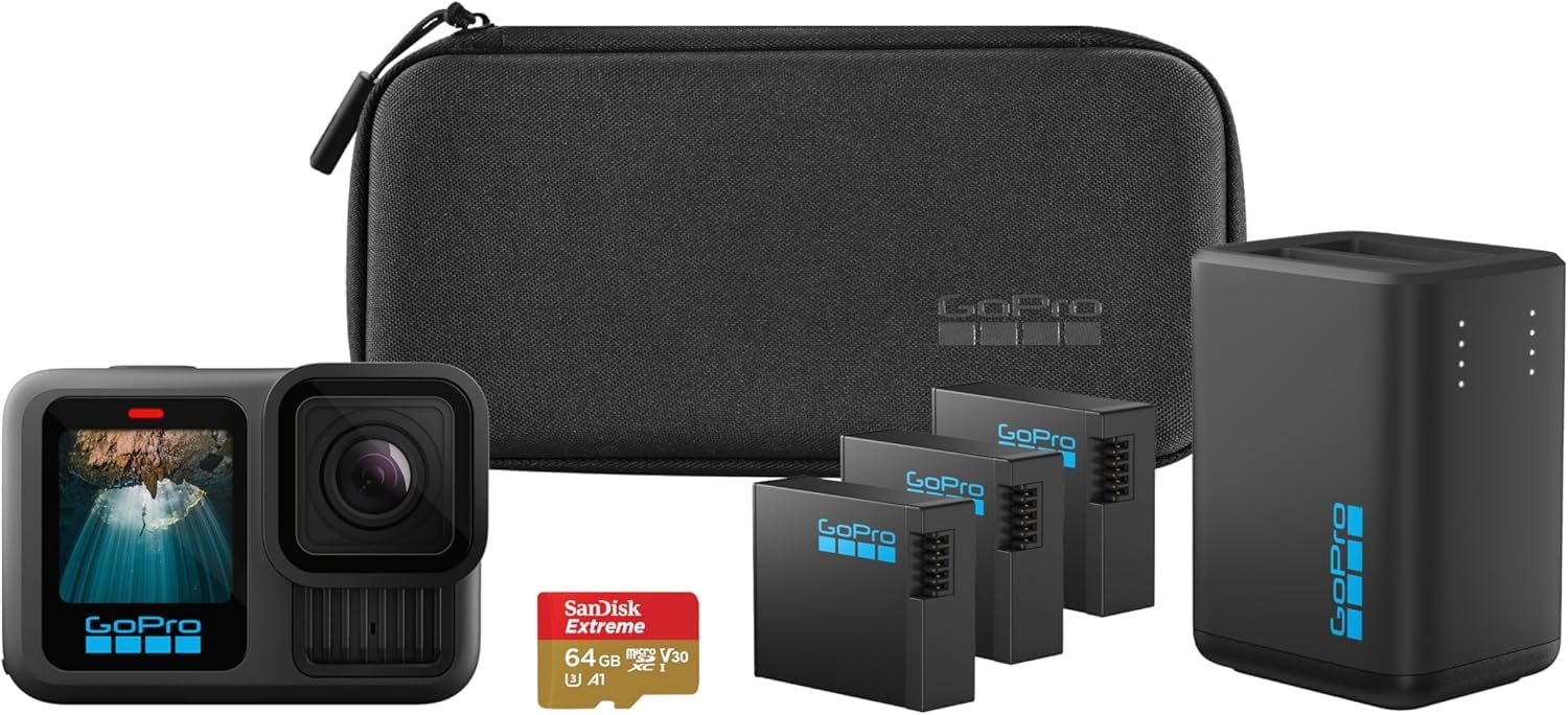 GoPro HERO13 Black Extended Power Bundle - Includes Dual Battery Charger, 3 Enduro Batteries, 64GB microSD Card, Curved Adhesive