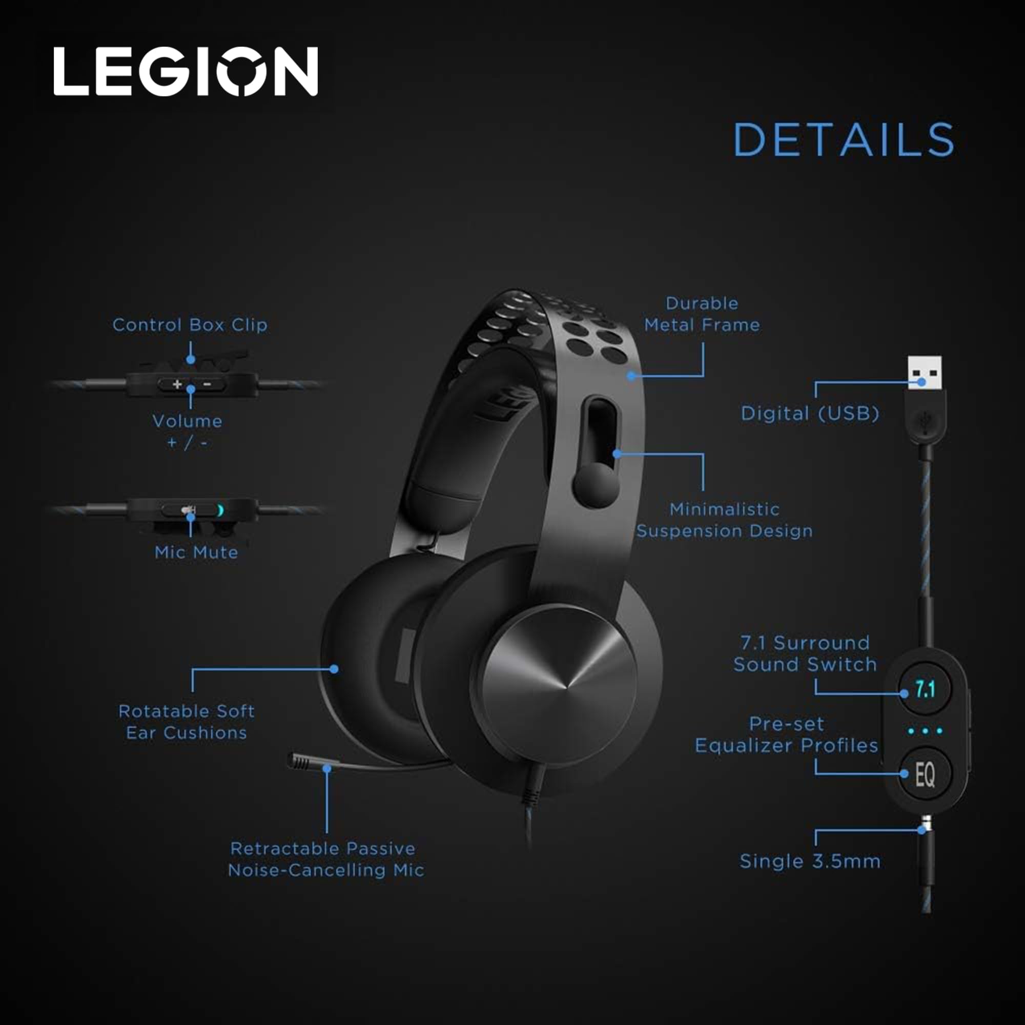 Lenovo Legion H500 Pro 7.1 Surround Sound Gaming Headset, Noise Cancelling Mic, Memory Foam & Pu Leather Earcups, Stainless Stee