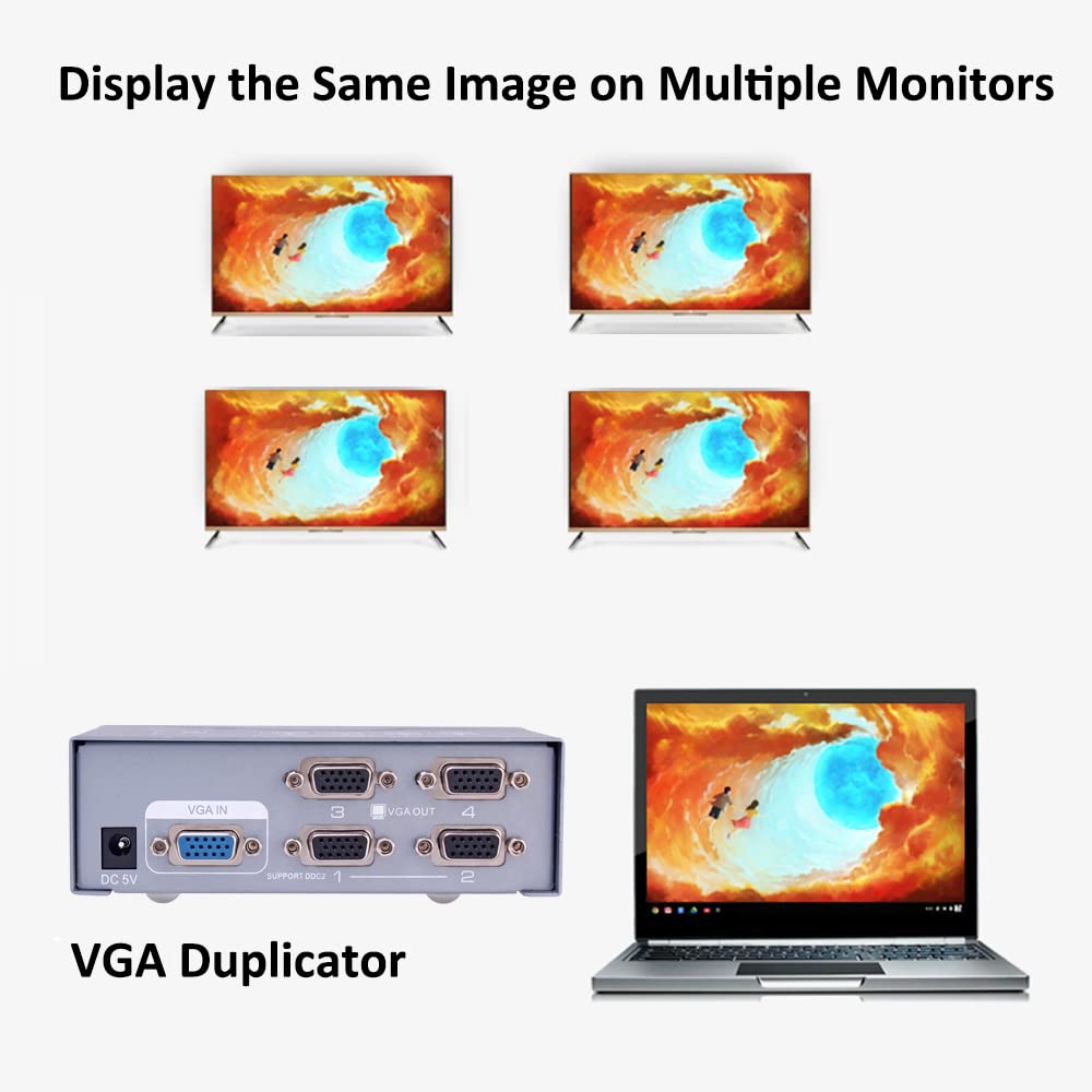 Dtech Powered 4 Port Vga Splitter Box Video Distribution Duplicator For 1 Pc To Multiple Monitors Projector