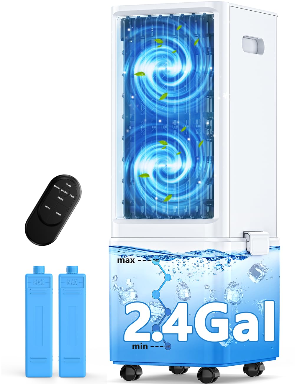 COOLECH Windowless Air Conditioner w/ 4 Modes & 3 Speeds, Waterless Alert, 2.4-Gal Tank for 20H Cooling, 12H Timer, 20FT Remote,