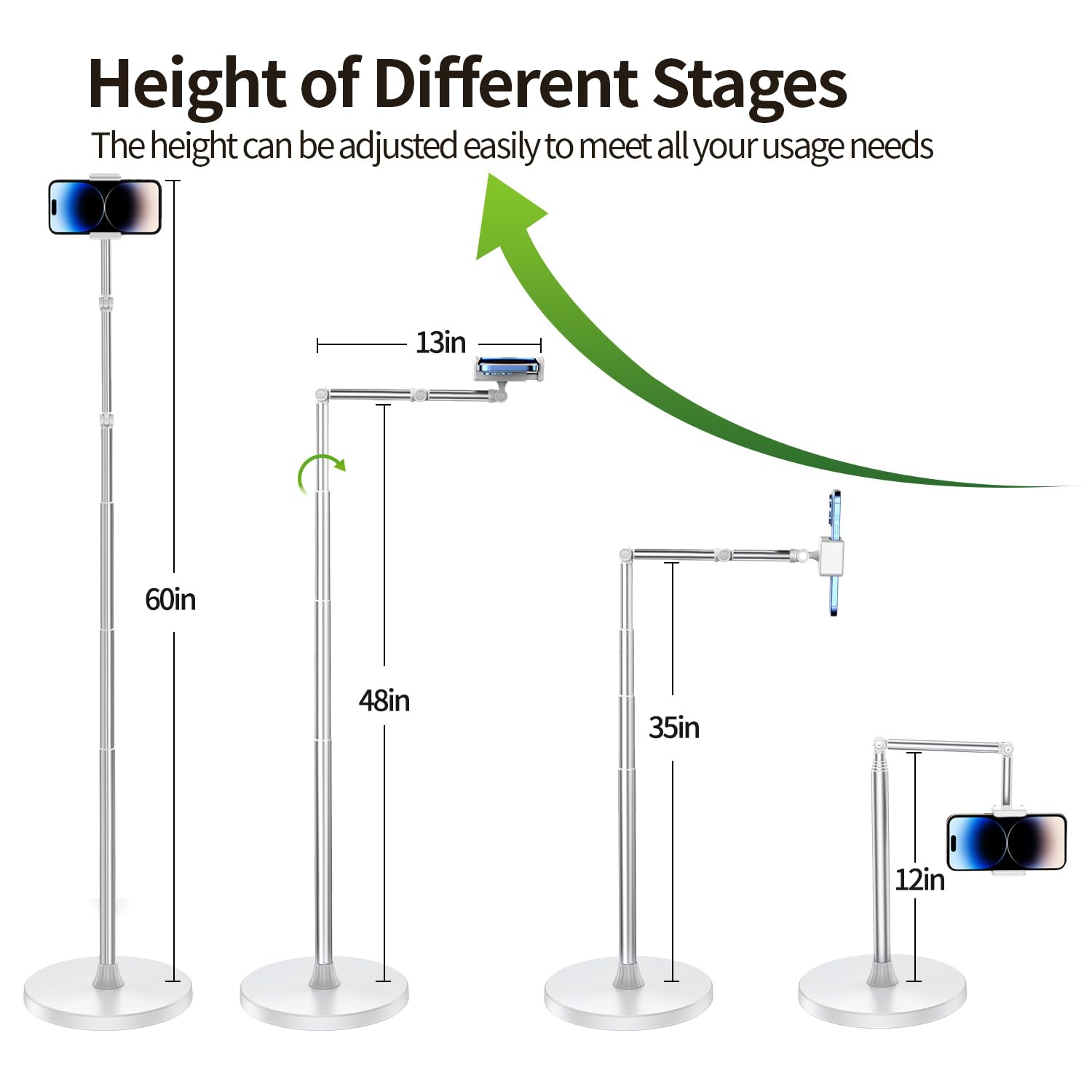 Overhead Phone Mount Floor Phone Holder Stand, Tripod For Recording Cooking Videos, Bedside Adjustable Arm Reading Stand, 360 Ro