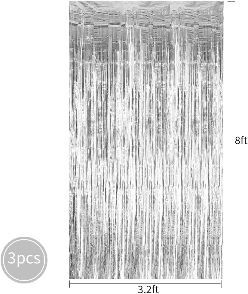 Toniful 3Pcs Silver Door Streamers,Silver Photo Booth Backdrop Metallic Streamers Silver Foil Fringe Curtains For Birthday,Chris