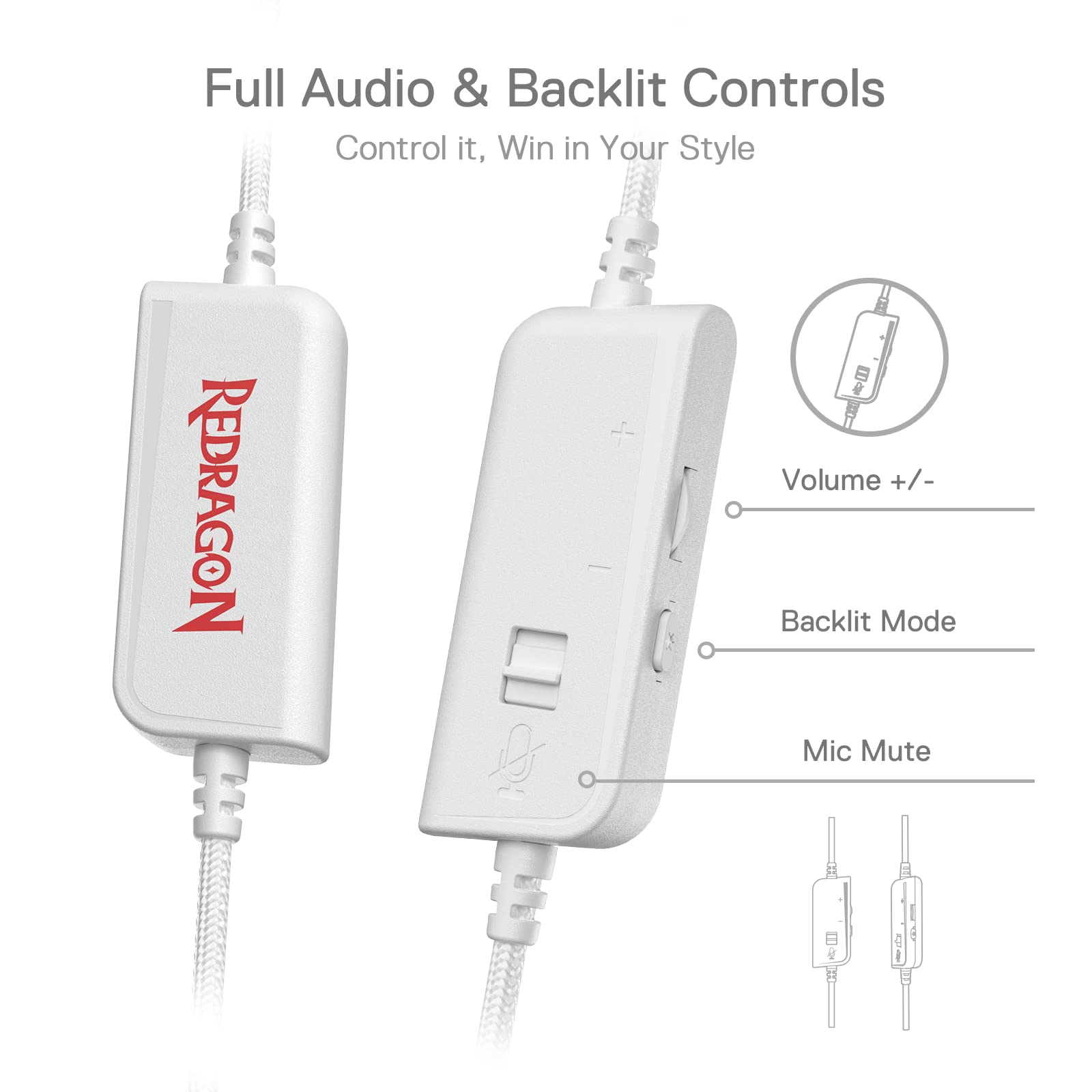 Redragon H350 White Wired Gaming Headset, Dynamic Rgb Backlight - Stereo Surround-Sound - 50Mm Drivers - Detachable Microphone,