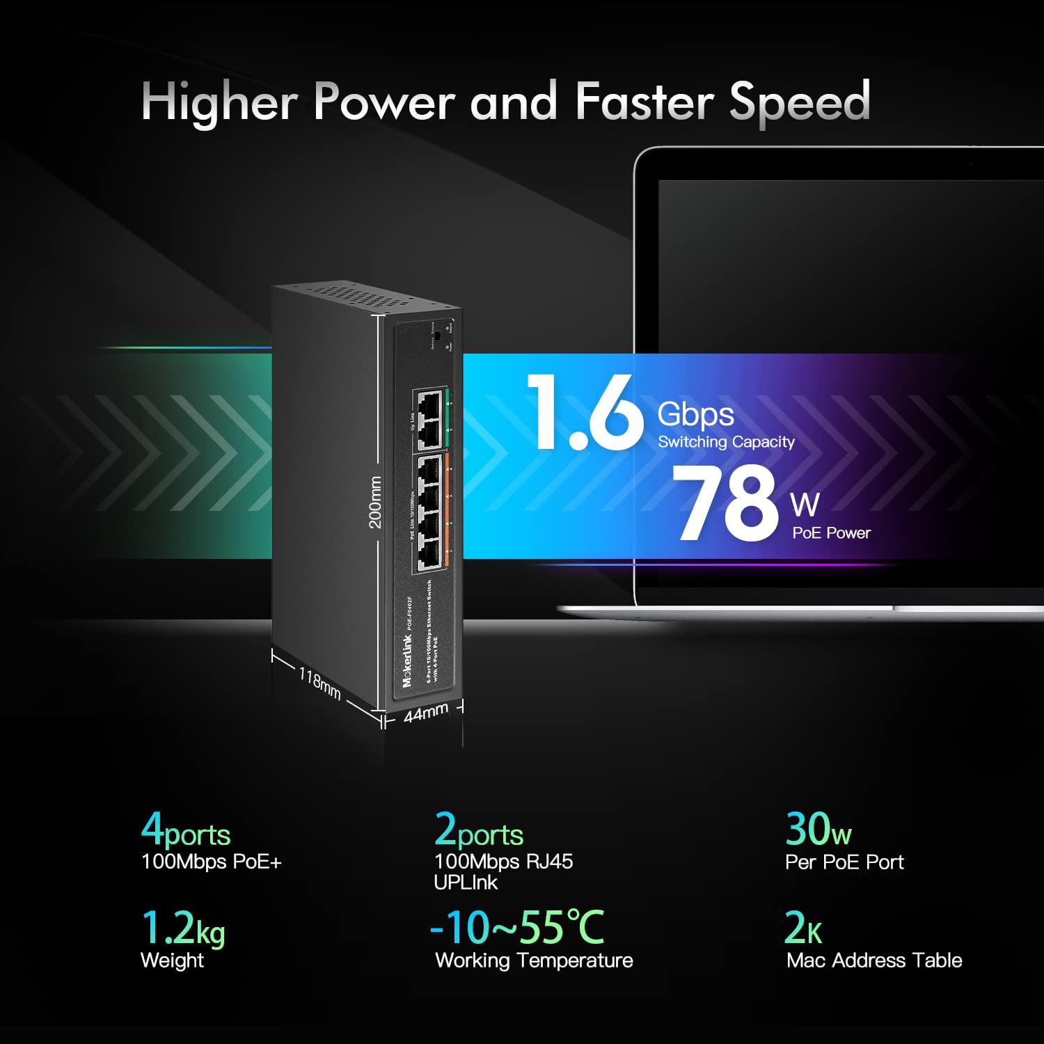 Mokerlink 6 Port Poe Switch With 4 Ports Poe+, 2 Fast Ethernet Uplink, 10/100Mbps, 78W High Power, Support Ieee802.3Af/At, Fanle