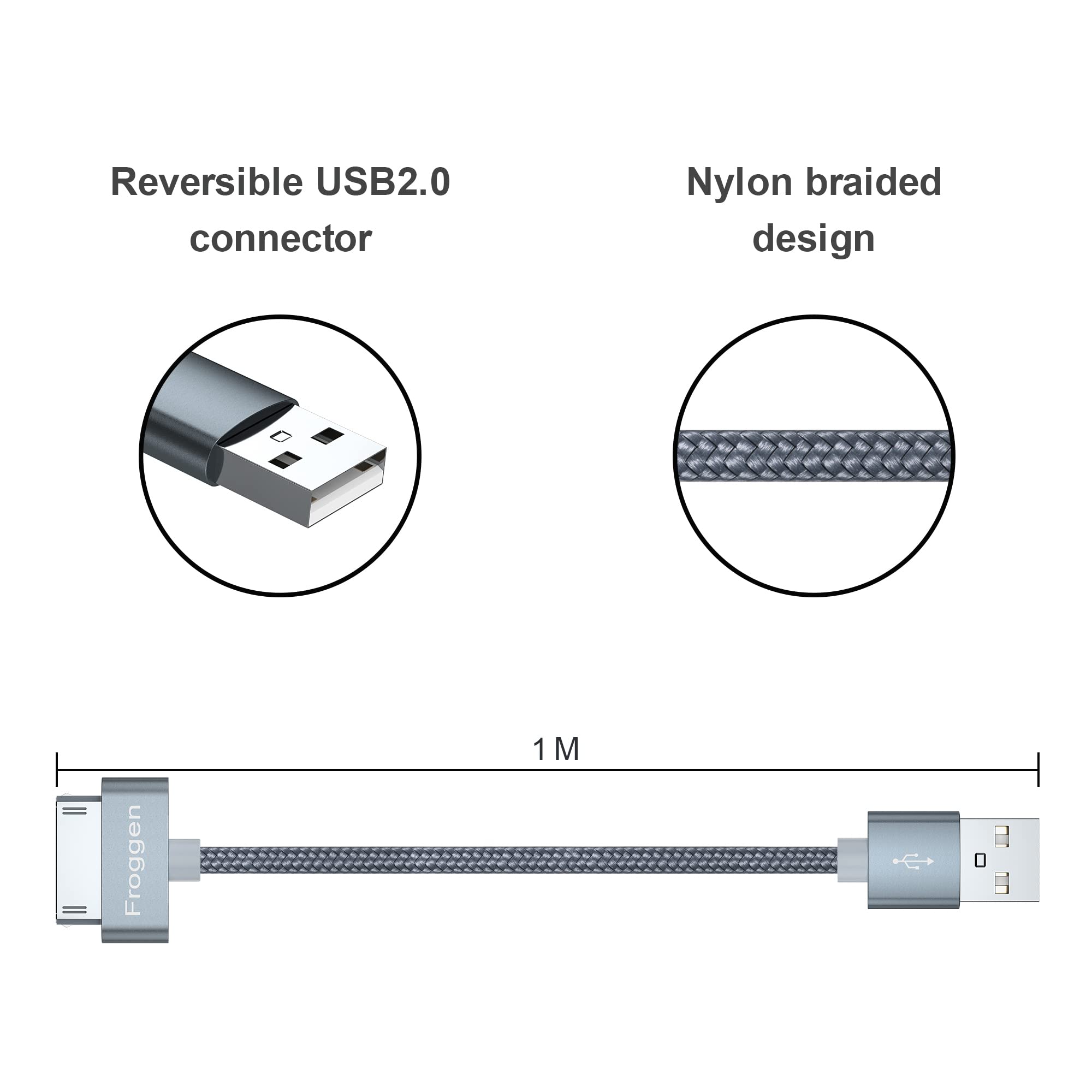 Froggen 30 Pin Usb Sync Charging Cable Compatible With Iphone 4/4S, Iphone 3G/3Gs, I-Pad 1/2/3, I-Pod 3.2 Ft