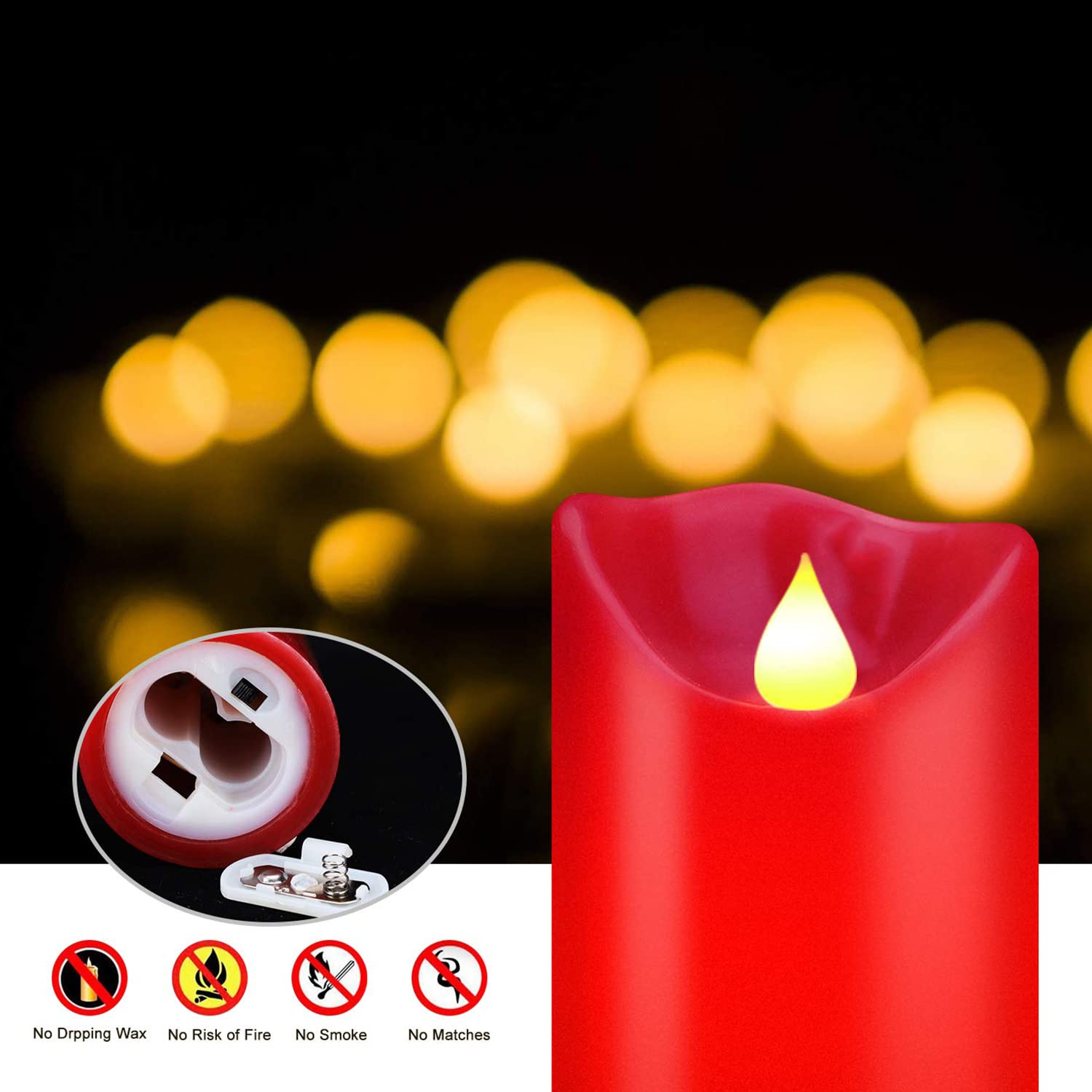 Junpei Led Candles, Battery Flickering Candles, Set Of 3 Red Real Wax,300+ Hour Decorating Pillars Candles, With10 Buttons Remot