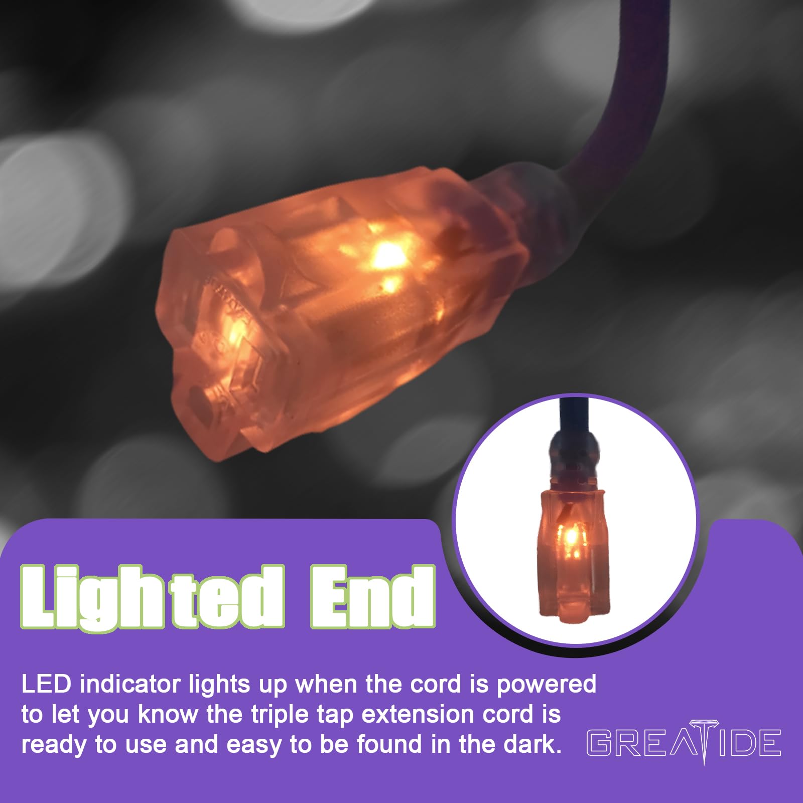 Greatide Outdoor Extension Cord With Lighted End, 12 Gauge Heavy Duty Extension Cord 15 Ft, 3 Prong Grounded 15 Amp Extension Co