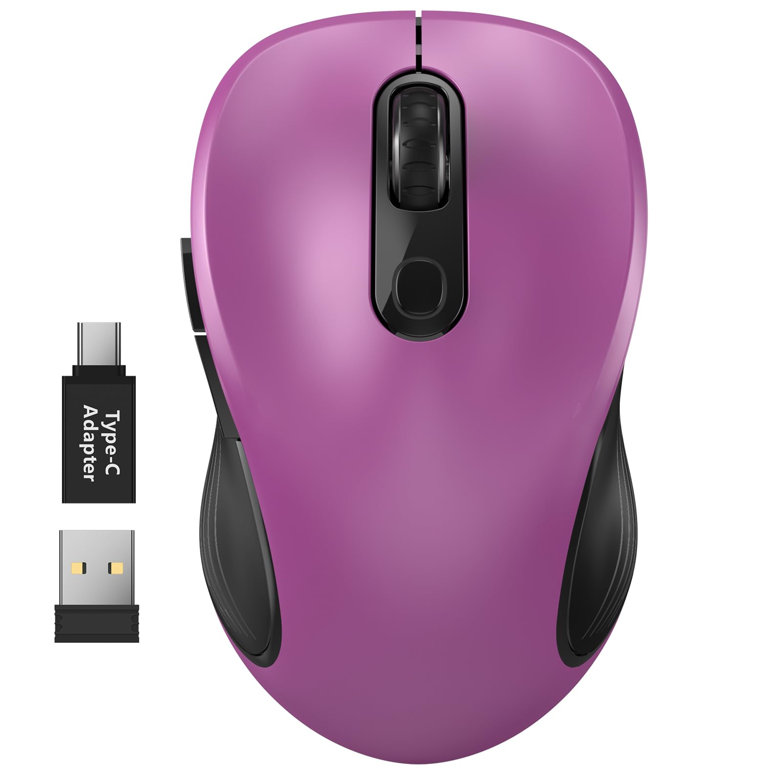 Wisfox 2.4G Wireless Mouse For Laptop, Ergonomic Computer Mouse With Usb Receiver And Type C Adapter, 3 Adjustable Levels, 6 Button Cordless Wireless Mice For Windows Mac Pc Notebook (Purple)