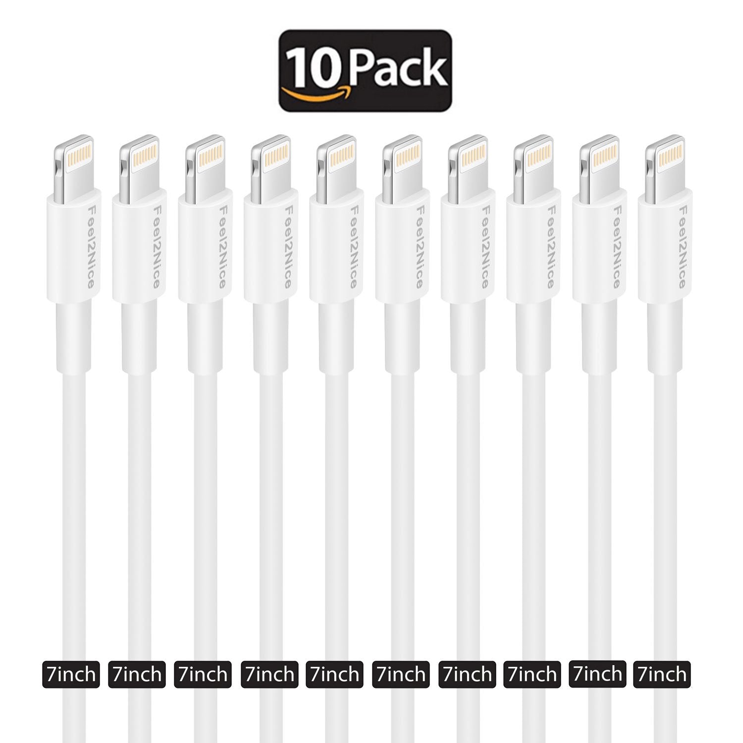 Feel2Nice Short Lighting Cable, 10 Pack 7 Inch Iphone Cord Data Sync Usb Portable Fast Charger For Iphone X Xs Max Xr / 8/8 Plus / 7/7 Plus / 6/6 Plus / 5S / Ipad/Ipod, White