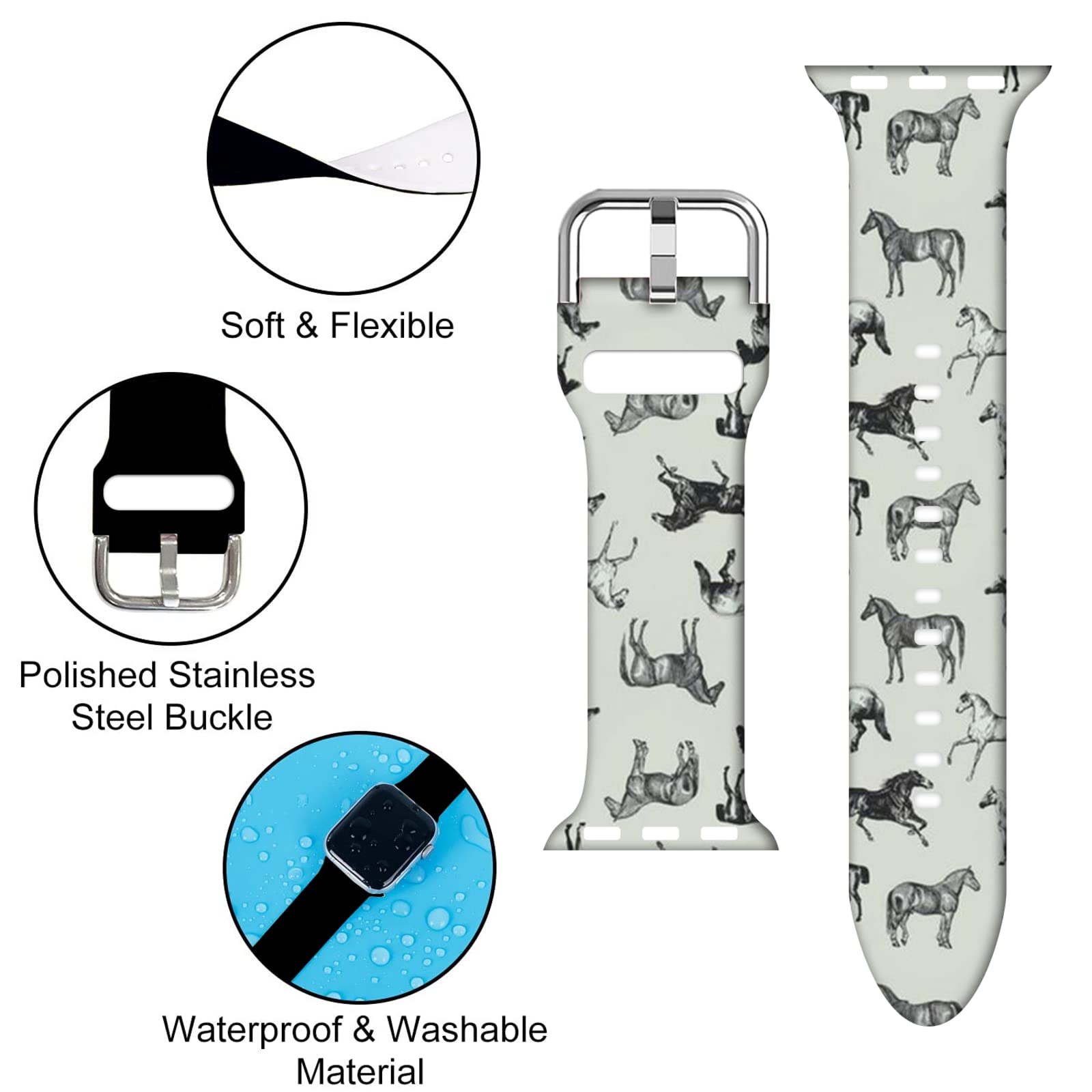 Compatible With Horse Apple Watch 38/40/41/42/44/45Mm For Women Men,Soft Silicone Horse Animal Pattern Printed Replacement Wrist