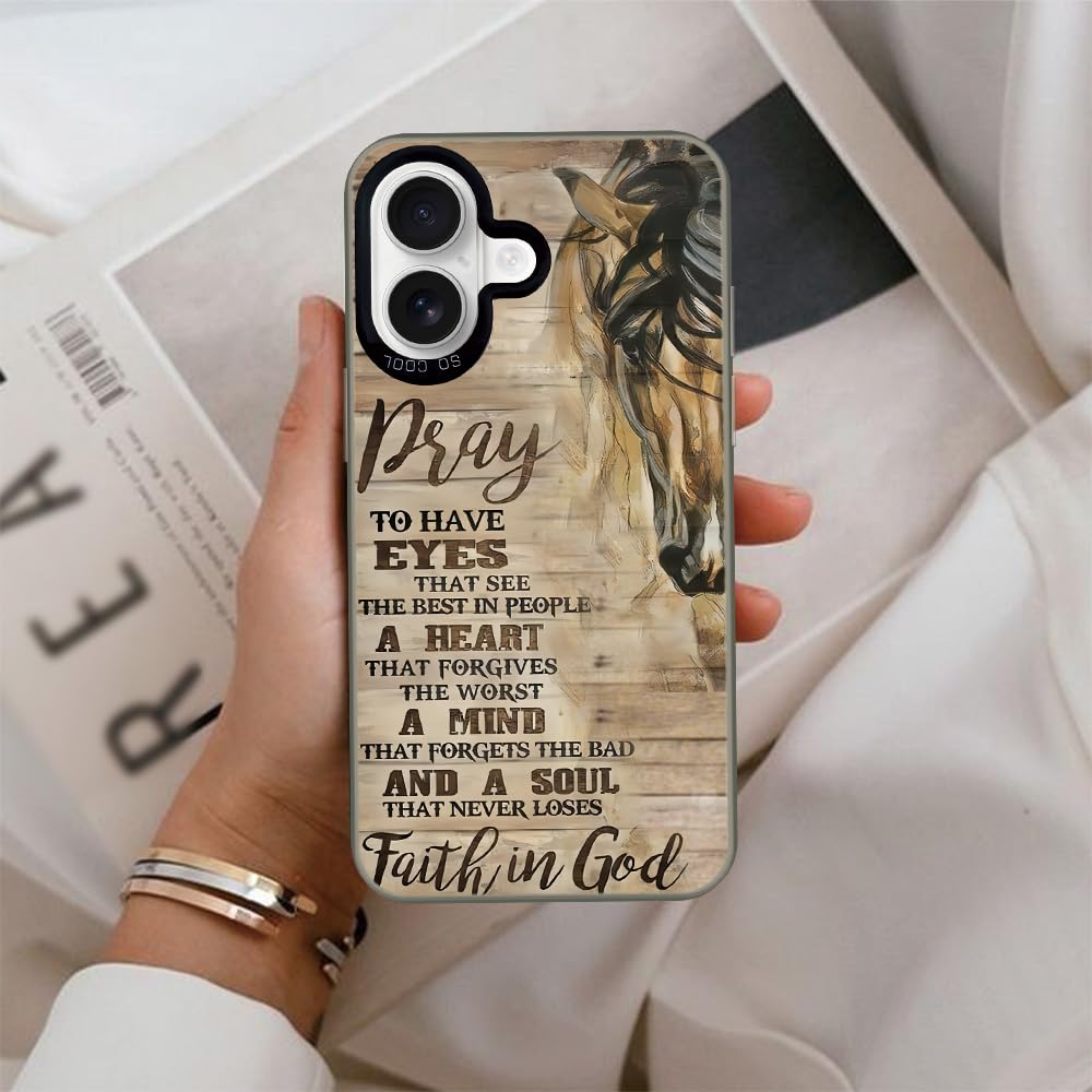 Wesbdn Horse Wood Grain Phone Case Compatible With Iphone 16 - Faith In God - Non-Drop Cover - Shockproof Protective Case