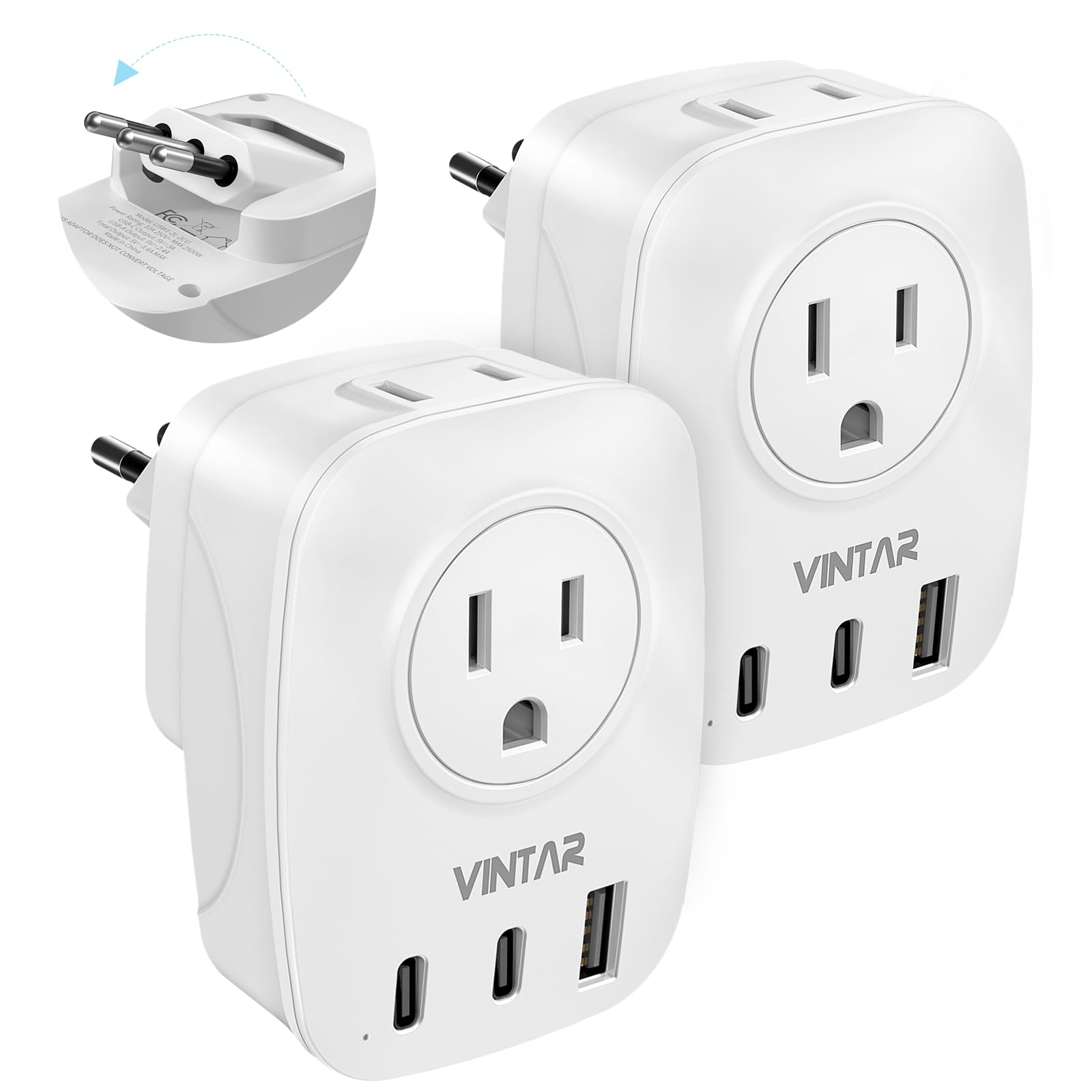 2 Pack Italy Travel Plug Adapter, Vintar Foldable Italy Power Adapter With 2 Ac Outlets 1 Usb And 2 Usb C Ports, 3 Prong Grounde