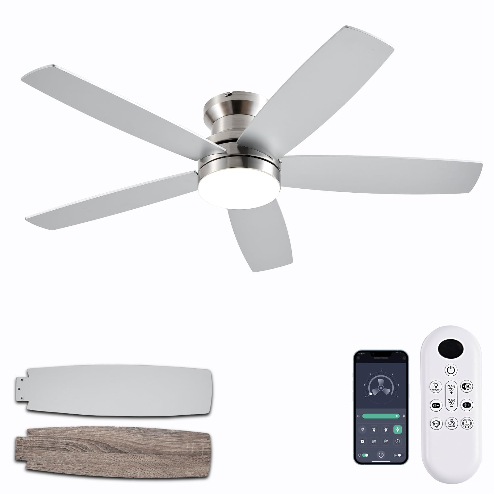 NKPU 48Inch Flush Mount Ceiling Fans with Lights and Remote/App Control, Reversible DC Motor, Dimmable LED, Dual-Sided Blades, L