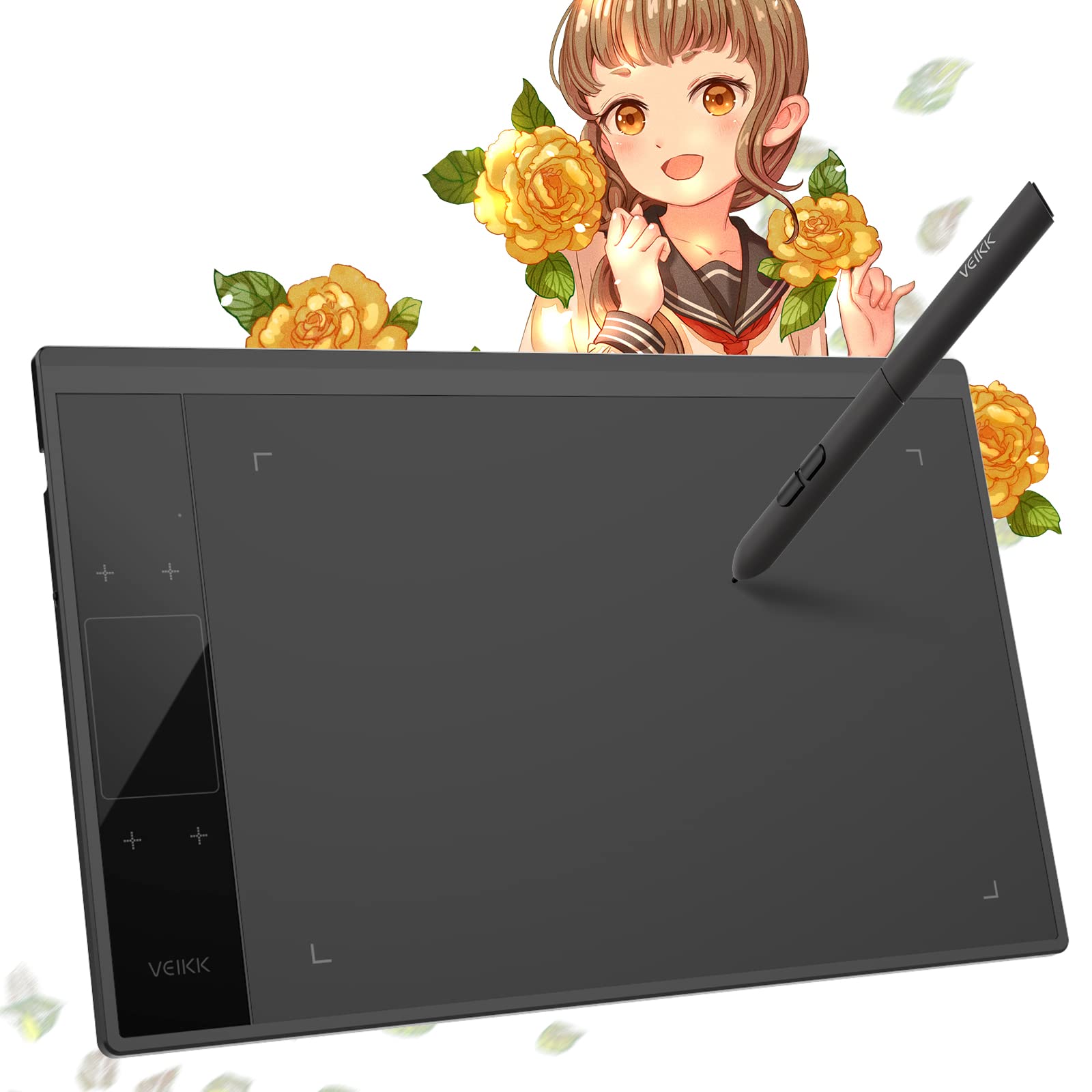 VEIKK A30 Drawing Tablet, 10x6 Inch Graphics Tablet with 8192 Levels Battery-Free Stylus Pen, 4 Touch Keys, 1 Touch Pad, Compati
