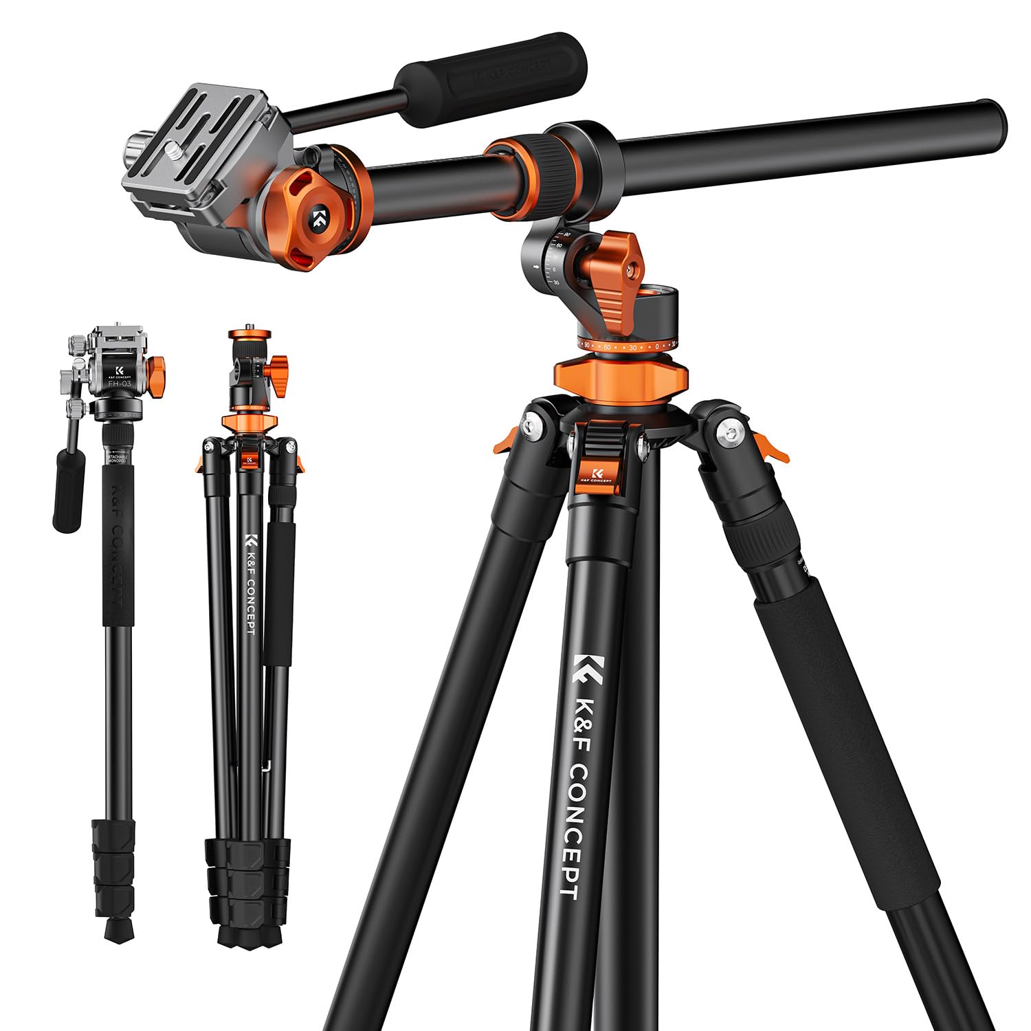 K&F Concept 90 Inch/230Cm Overhead Camera Tripod, Horizontal Shooting Video Tripods With Fluid Head Heavy Duty 10Kg Load Capacity, Detachable Monopod, For Indoor And Outdoor Use T254A7+Fh 03