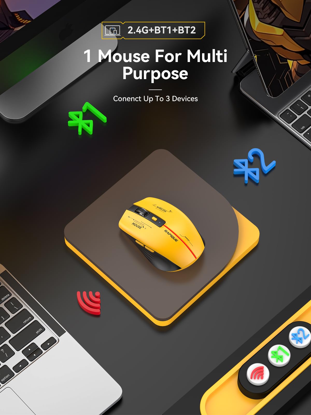 Rapique Bluetooth Wireless Mouse   (Bt1/Bt2+Usb Receiver) Tri Device Compatibility For Pc, Laptop, Computer, Macbook, Tablet (Bl