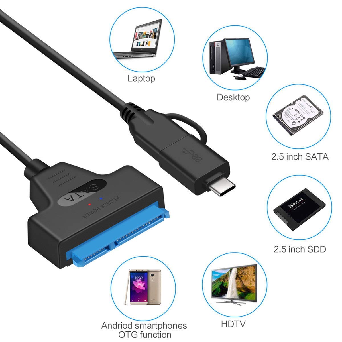 chenyang 2-in-1 USB 3.0/USB C to SATA Cable Adapter for 2.5" SSD/HDD UASP UC-147-CY Copper