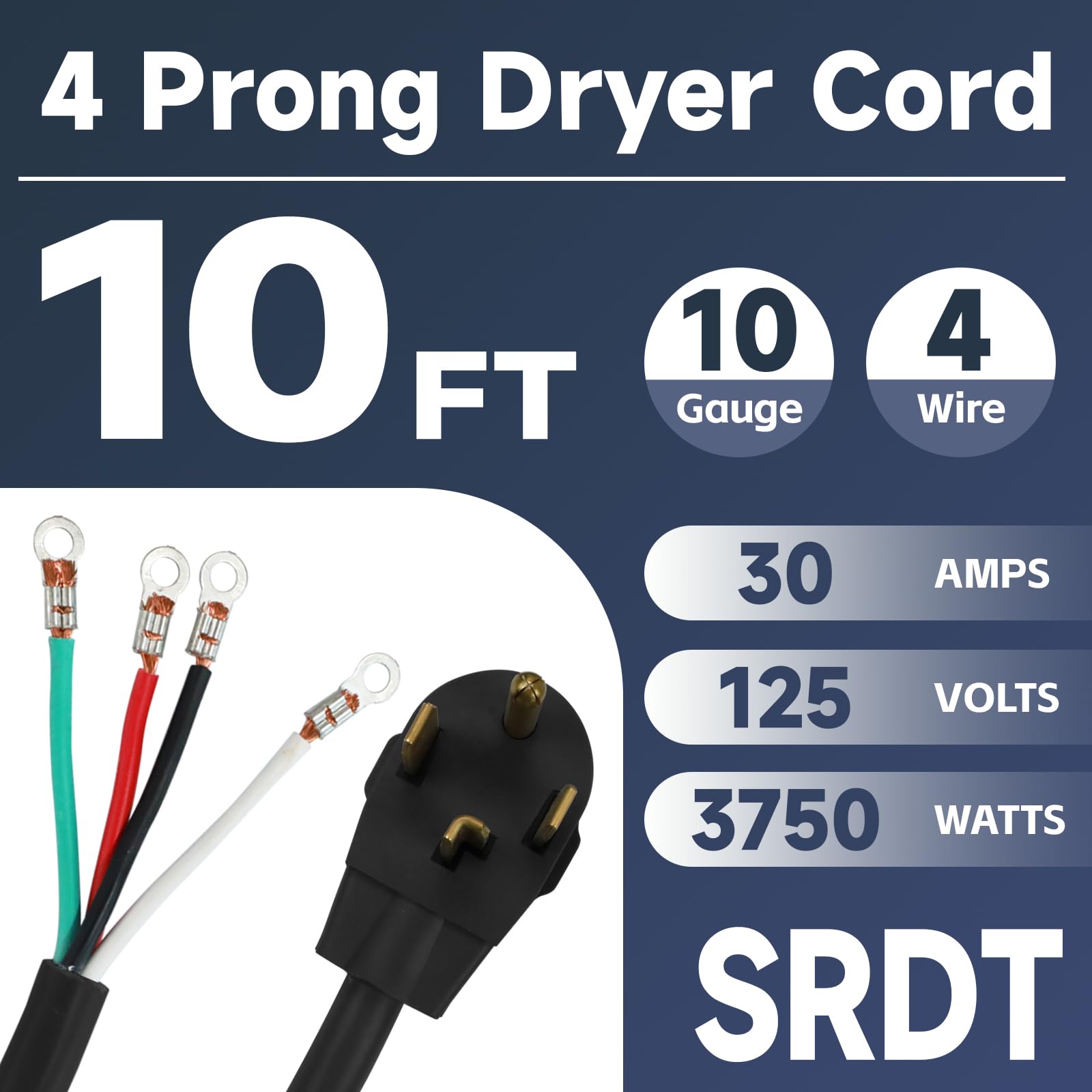 Ep 4 Prong Dryer Cord, 10 Ft 10/4 Srdt, 30Amp Appliance Extension Power Cord, Nema 14 30, Black