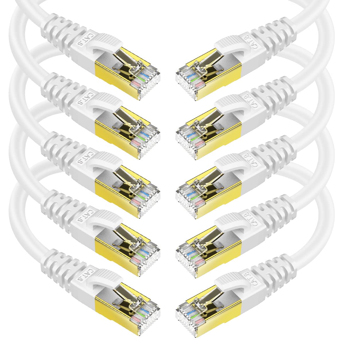 Kasimo Cat 8 Ethernet Cable Shielded Sftp Internet Network Patch Cord, Heavy Duty High Speed Lan Cables W Gold Plated Rj45 Connector Professional For Router, Modem, Gaming(10 Feet, 10 Pack White)