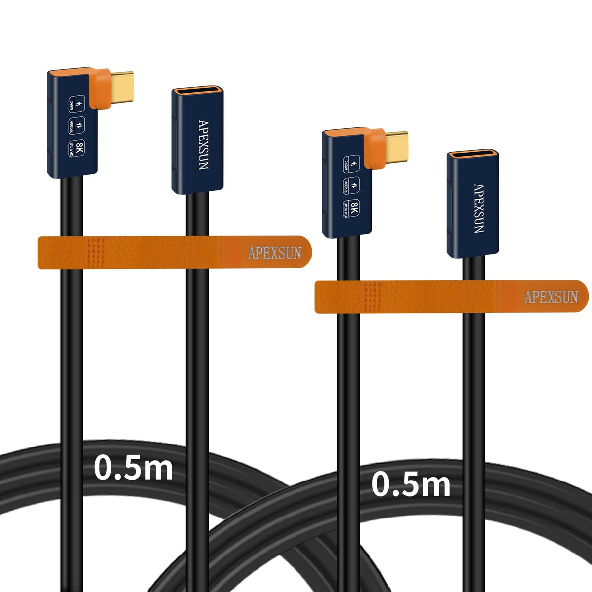 Apexsun Usb C Extension Cable(1.6Ft), Short Usb C Elbow Male To Female Coaxial Cable Support Thunderbolt 4/3,Usb4, Pd240W,8K/4K Video,40Gbps Date Transfer For Ssd, Egpu, Docking,Macbook,Phone