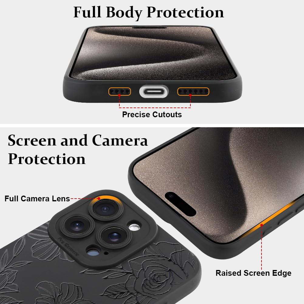 Lsl Case For Iphone 15 Pro Black Floral Flower Pattern Print Case Soft Tpu Full Camera Lens Anti Drop Anti Scratch Shockproof Pr