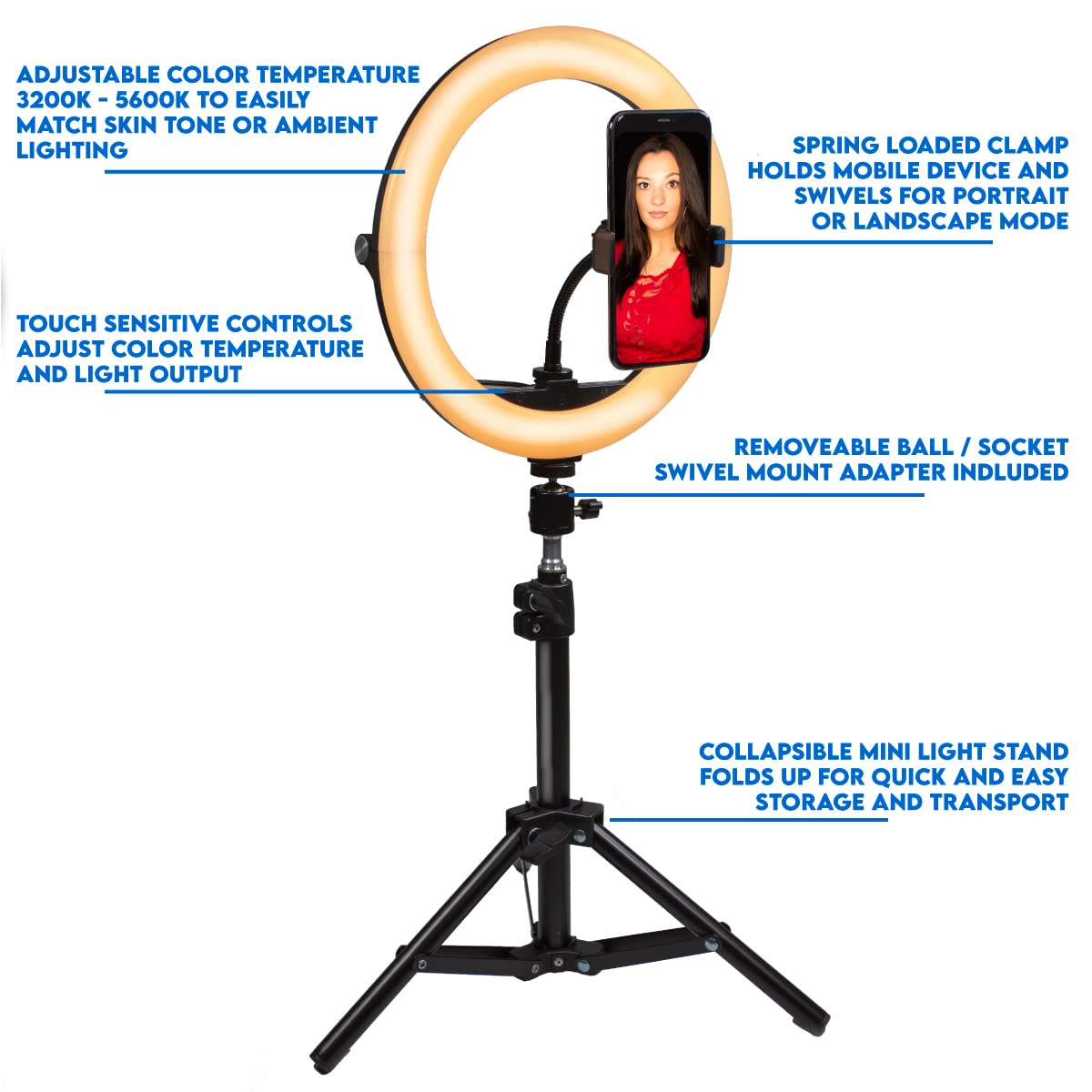 Dracast Halo Plus Series Led100 | 10'' Compact Foldable Dimmable Led Video Ring Light Kit With Phone Holder And Light Stand | Bi
