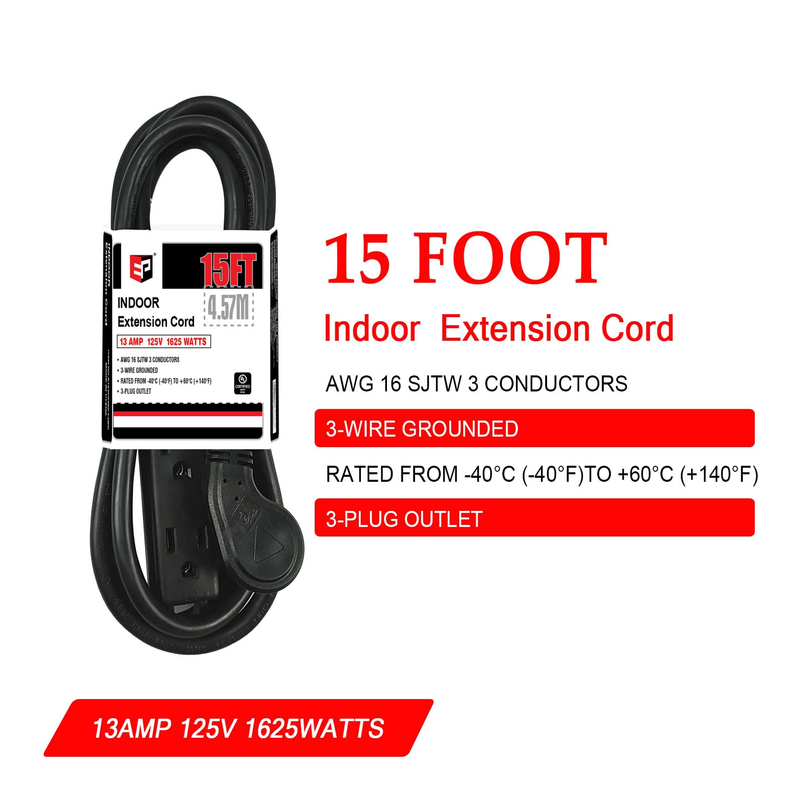 Ep Low Profile 15 Ft Flat Plug Extension Cord   16 Awg 3 Prong Grounded Cable With 3 Outlets, Perfect For Indoor Use, Black, Ul