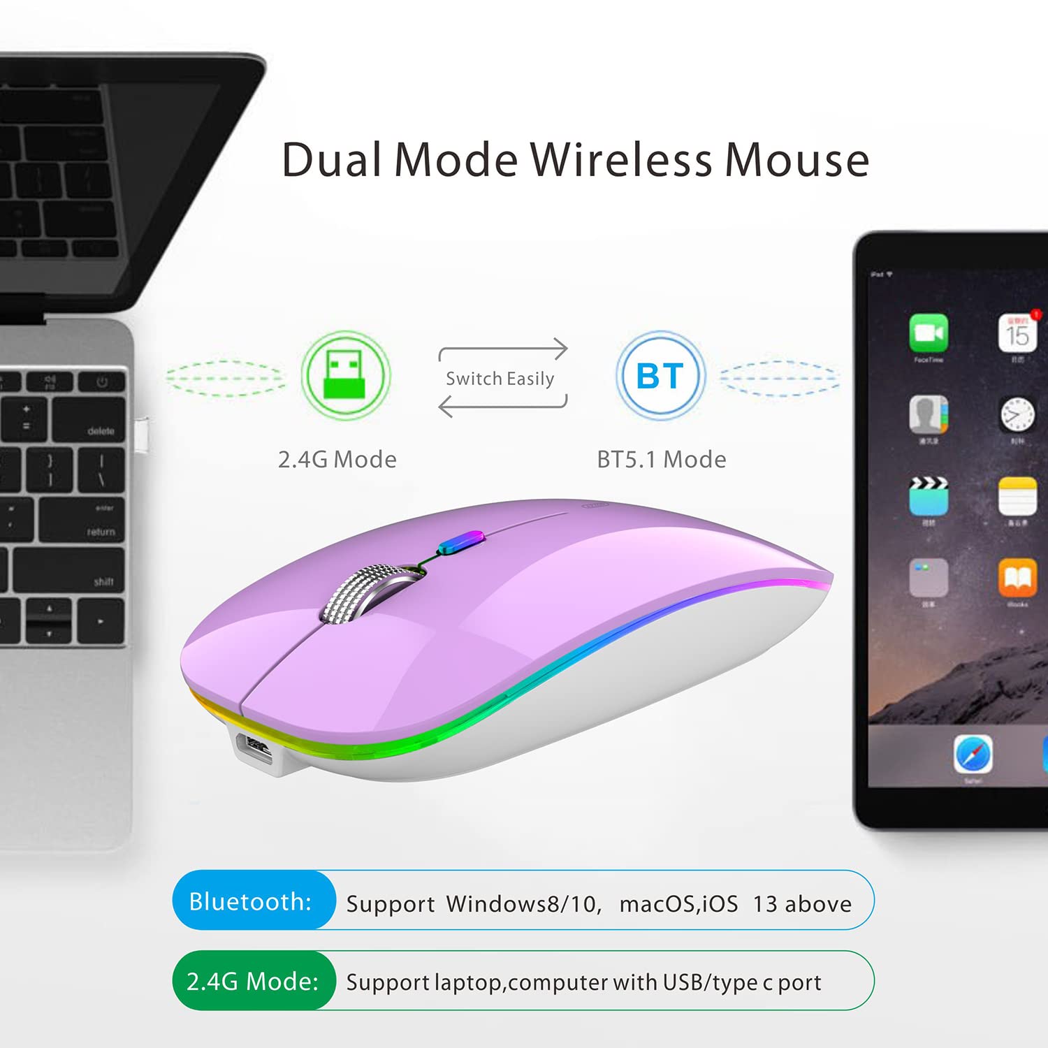 Tenmos Wireless Bluetooth Mouse, Led Slim (Bluetooth 5.1 + Usb) 2.4Ghz Rechargeable Silent Bluetooth Wireless Mouse With Type C Adapter For Laptop/Macbook/Ipad Os 13 And Above (Purple)