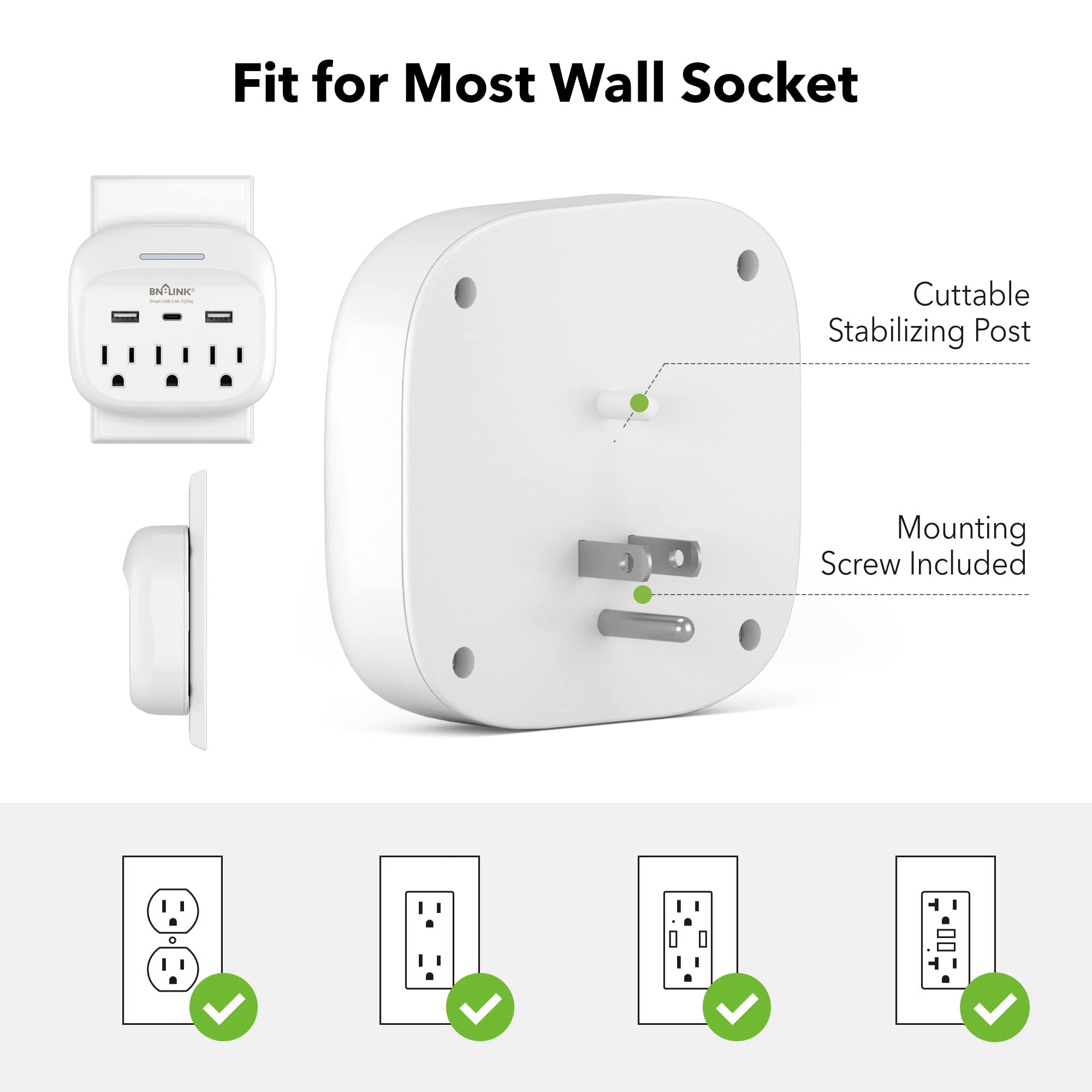 Bn Link Multi Plug Outlet Extender With 3 Outlets And 3 Usb Ports, 3 Ac Outlet Splitter With 3 Usb Ports (1 Usb C), Wall Charger Adapter For Dorm, School, Travel, Office, Home, Travel, 1 Pack
